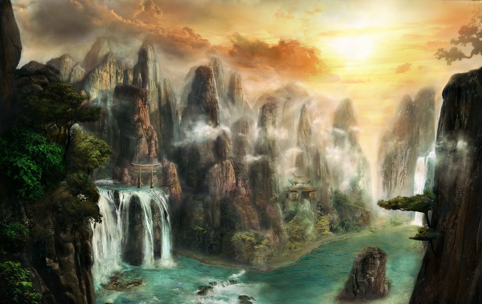 art max antonov fantasy world landscape rock mountain gate waterfall river water temple tree stones