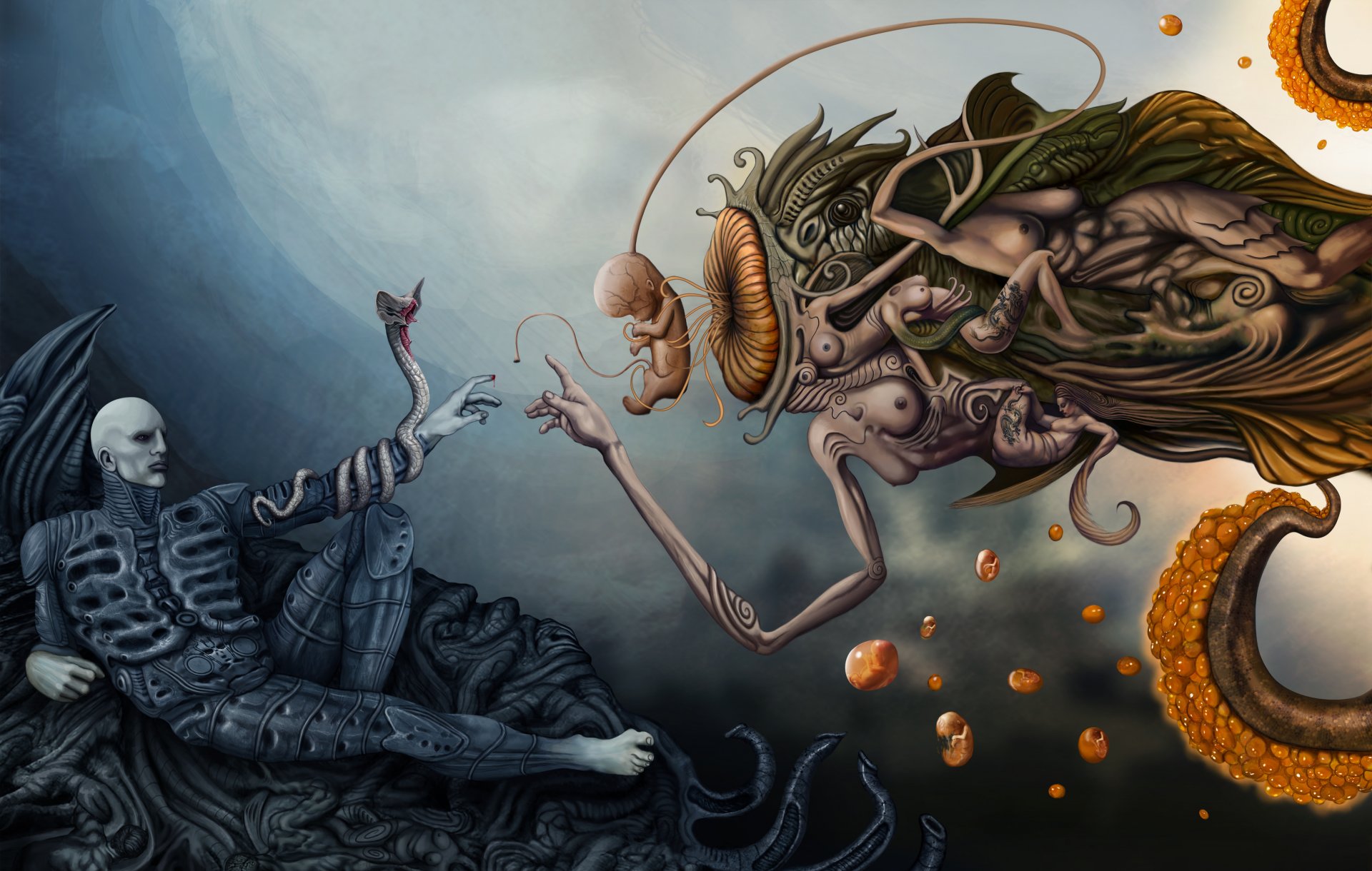 art dejano23 prometheus god hands embryo body women tattoos surrealism cells