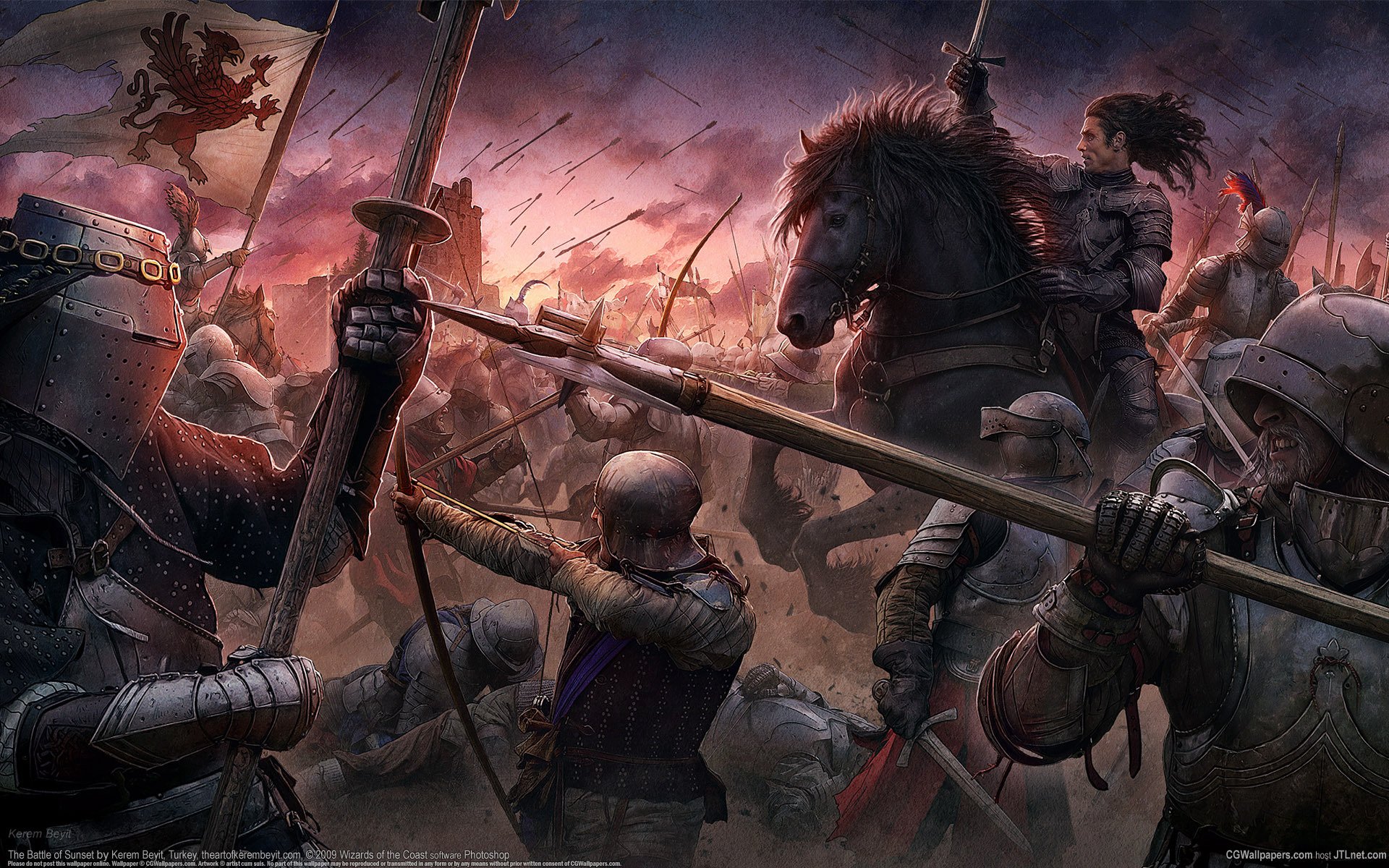 cg wallpapers kerem beyit the battle of sunset medieval style the middle ages castle knights warriors armour horses swords arrows sunset battle riders bows boom spear weapon banner middle ages