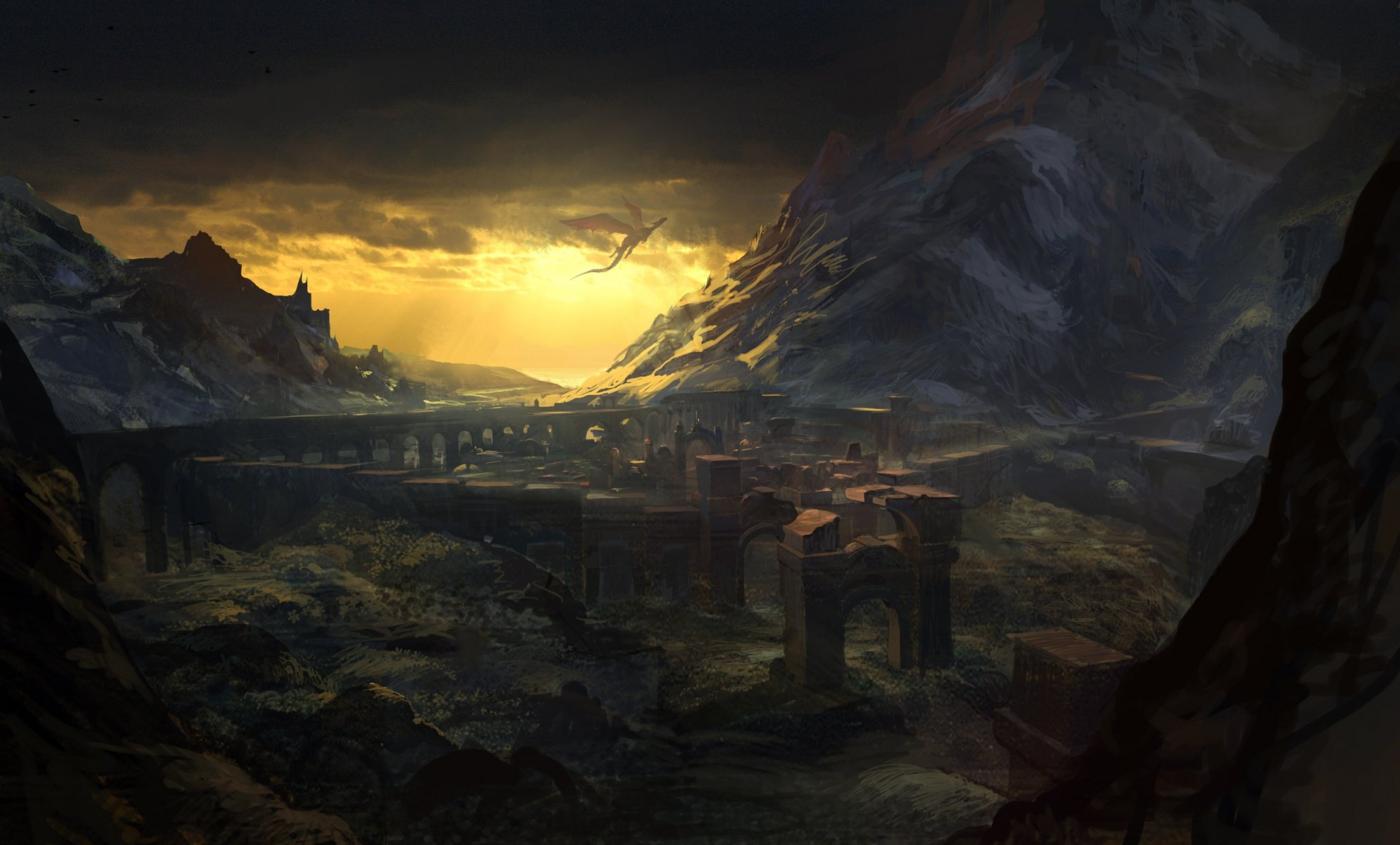 the witcher 2 ruins landscape triomphe rock dragon mountain