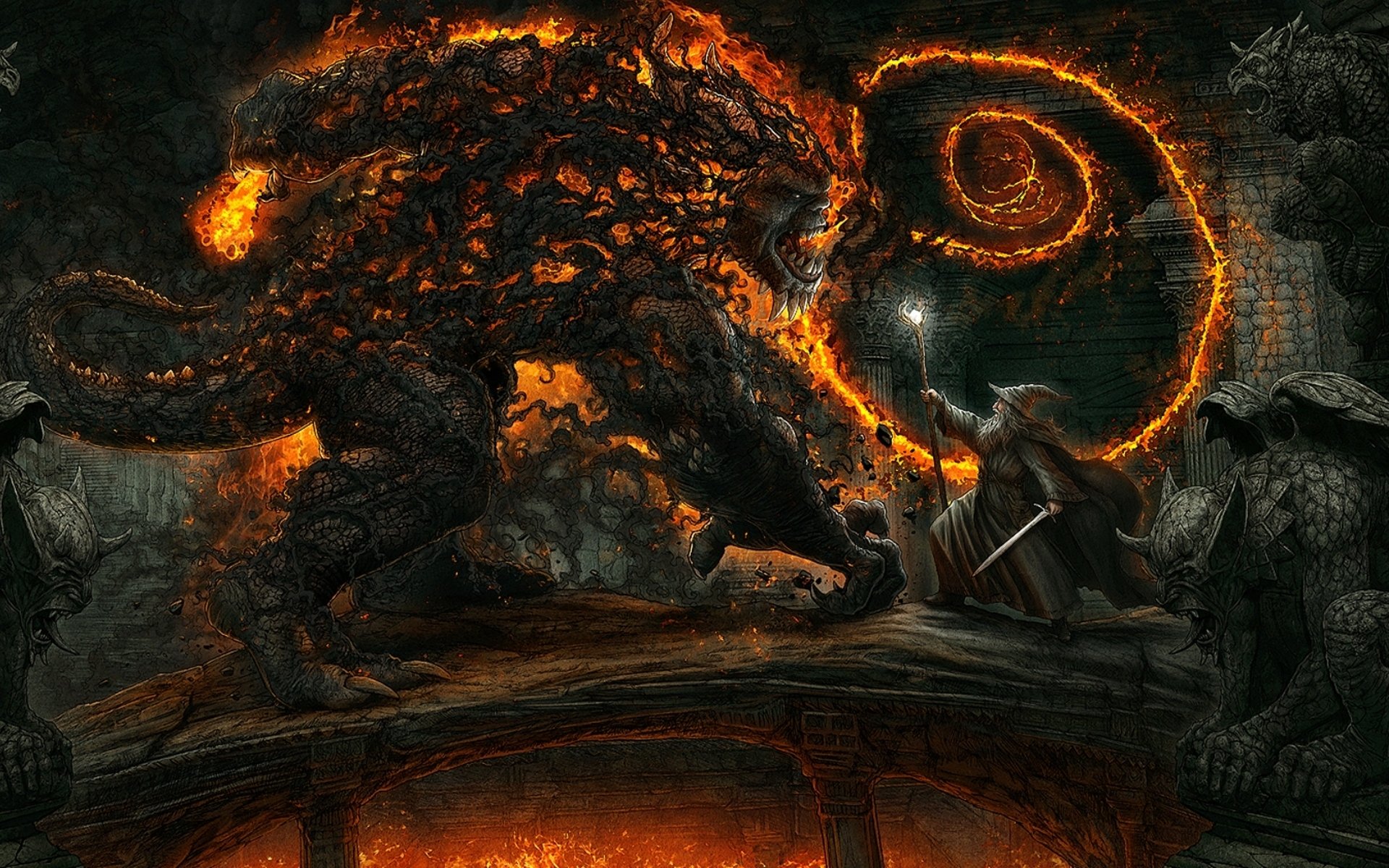 kerem beyit bridge of khazad-dum the lord of the rings mines of moria gandalf balrog shadow & fire battle fantasy art lord of the rings bridge khazad -dum moriya mines wizard sword rod fight fire stat