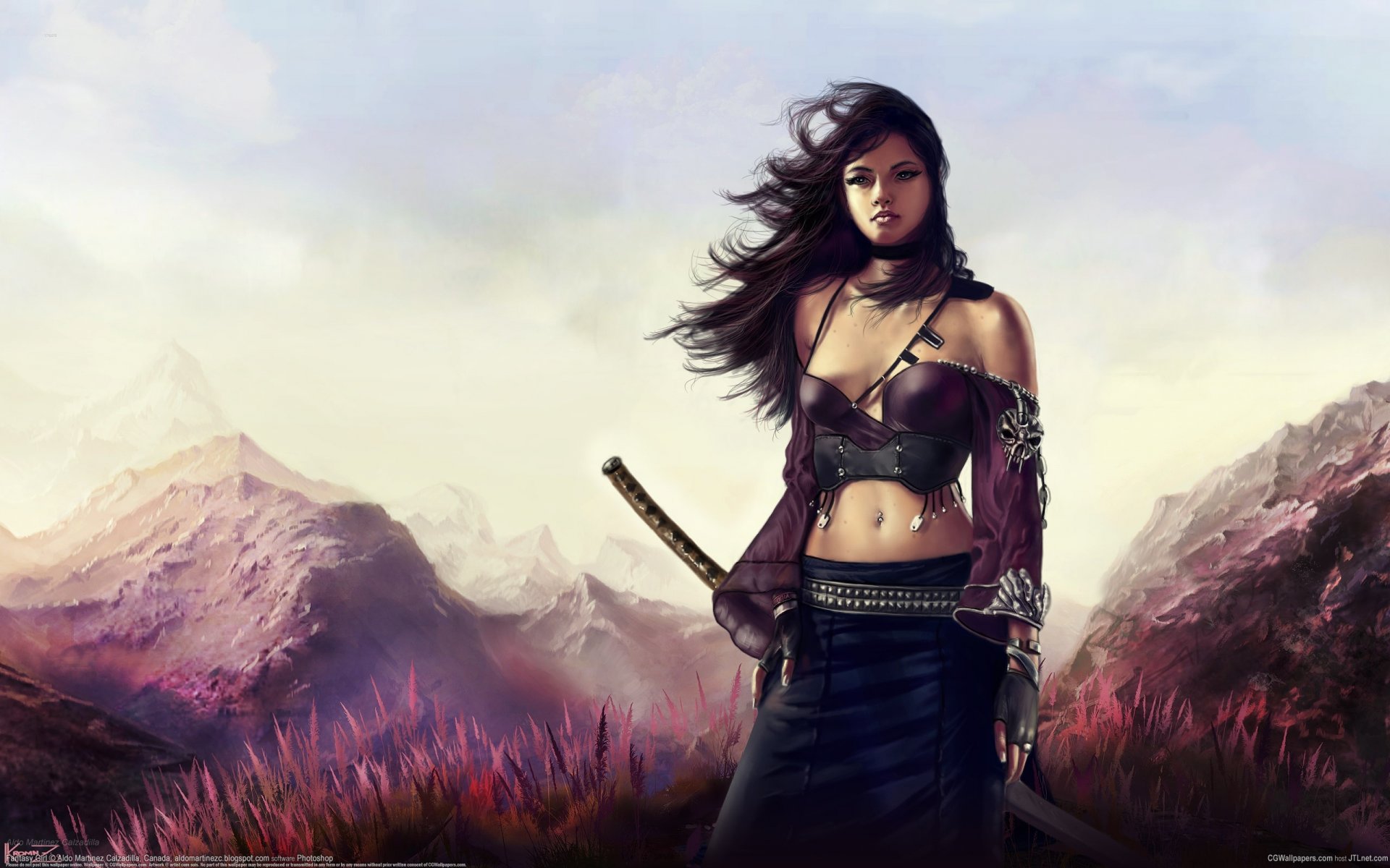 art aldo martinez calzadilla girl sword katana mountain wind landscape grass