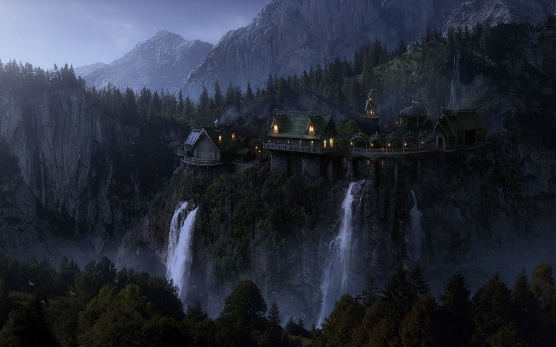 the lord of the rings rivendell imladris fantasy elven castle waterfalls elven wood evening lights rocks mountains trees birds lord of the rings castle elrond rock mountain forest night twili
