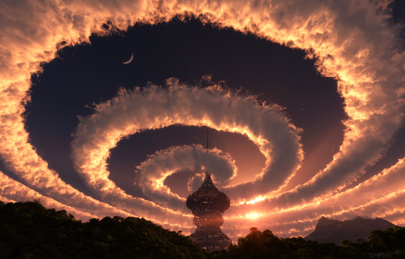 sky space clouds spiral 3-d building forest tower sunset star sun dome spire night nature landscape