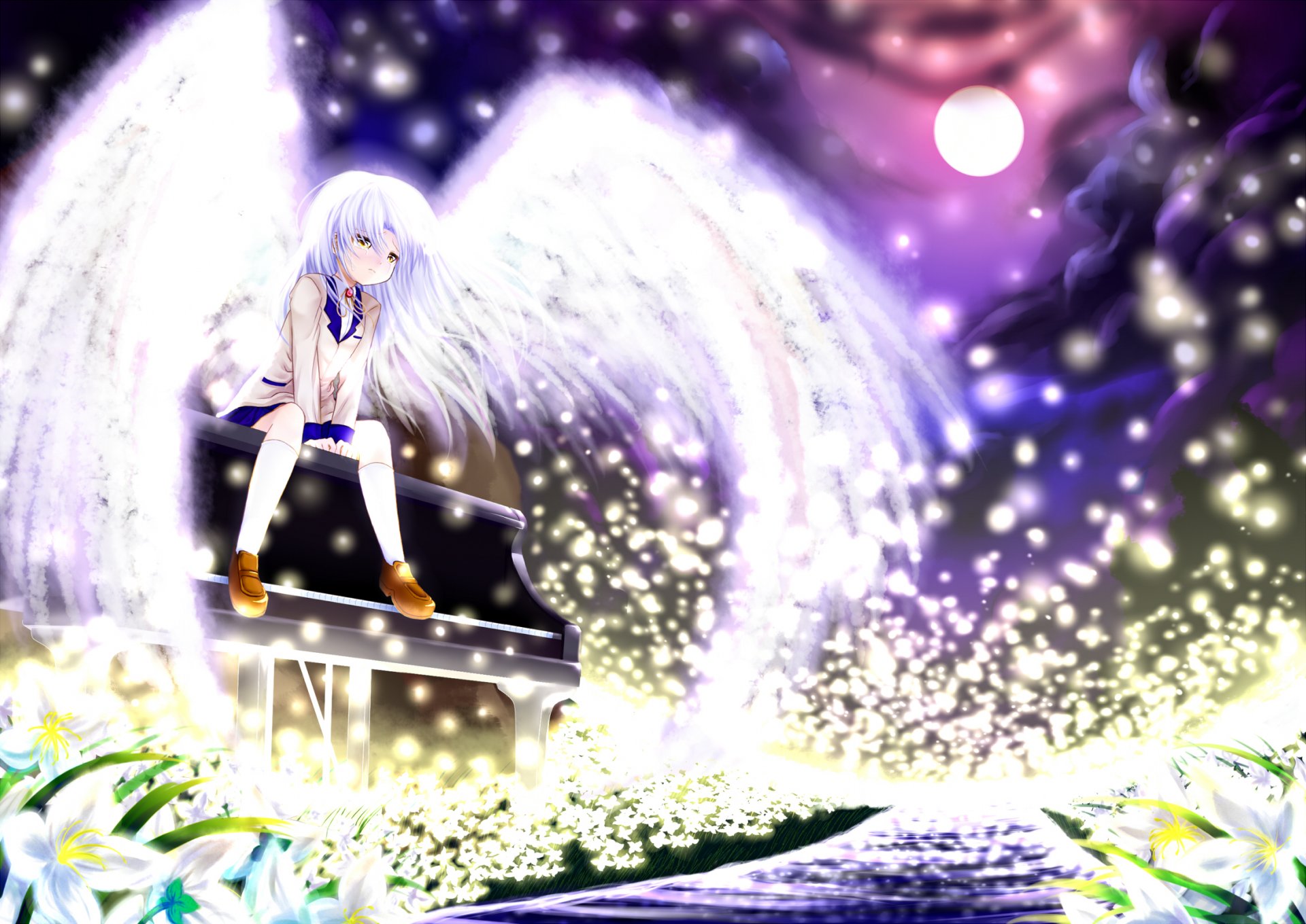 art anime angel beats! angel beats tachibana kanade girl wings flower piano night moon