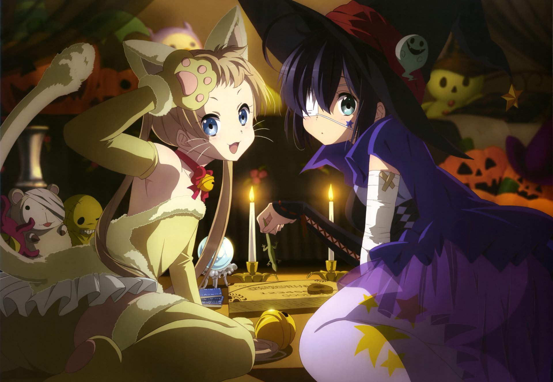 anime chuunibyou demo koi ga shitai! i am not of this world but also want to love girls dekomori sanae takanashi rikka halloween suits witch cat divination toys pumpkin view smile