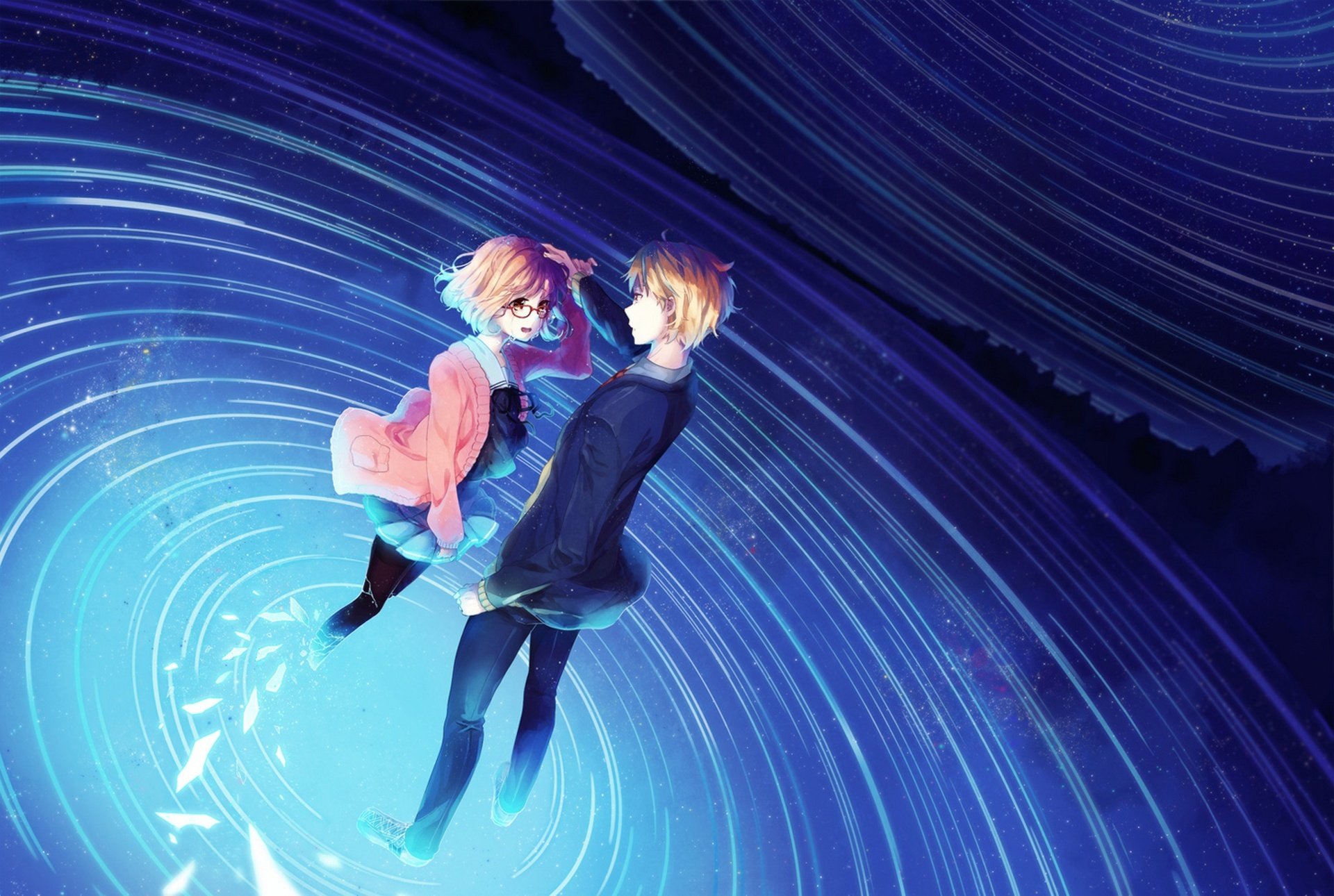 art rosuuri anime kyoukai no kanata kuriyama mirai kanbara akihito girl guy night sky star water sunglasses tears