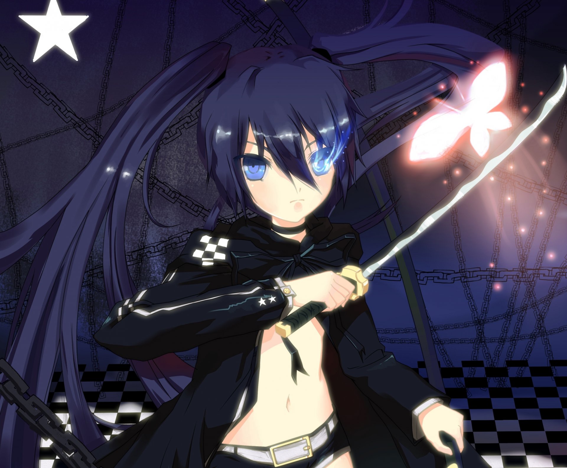 art gen anime black rock shooter girl katana weapon mato kuro butterfly an asterisk chains