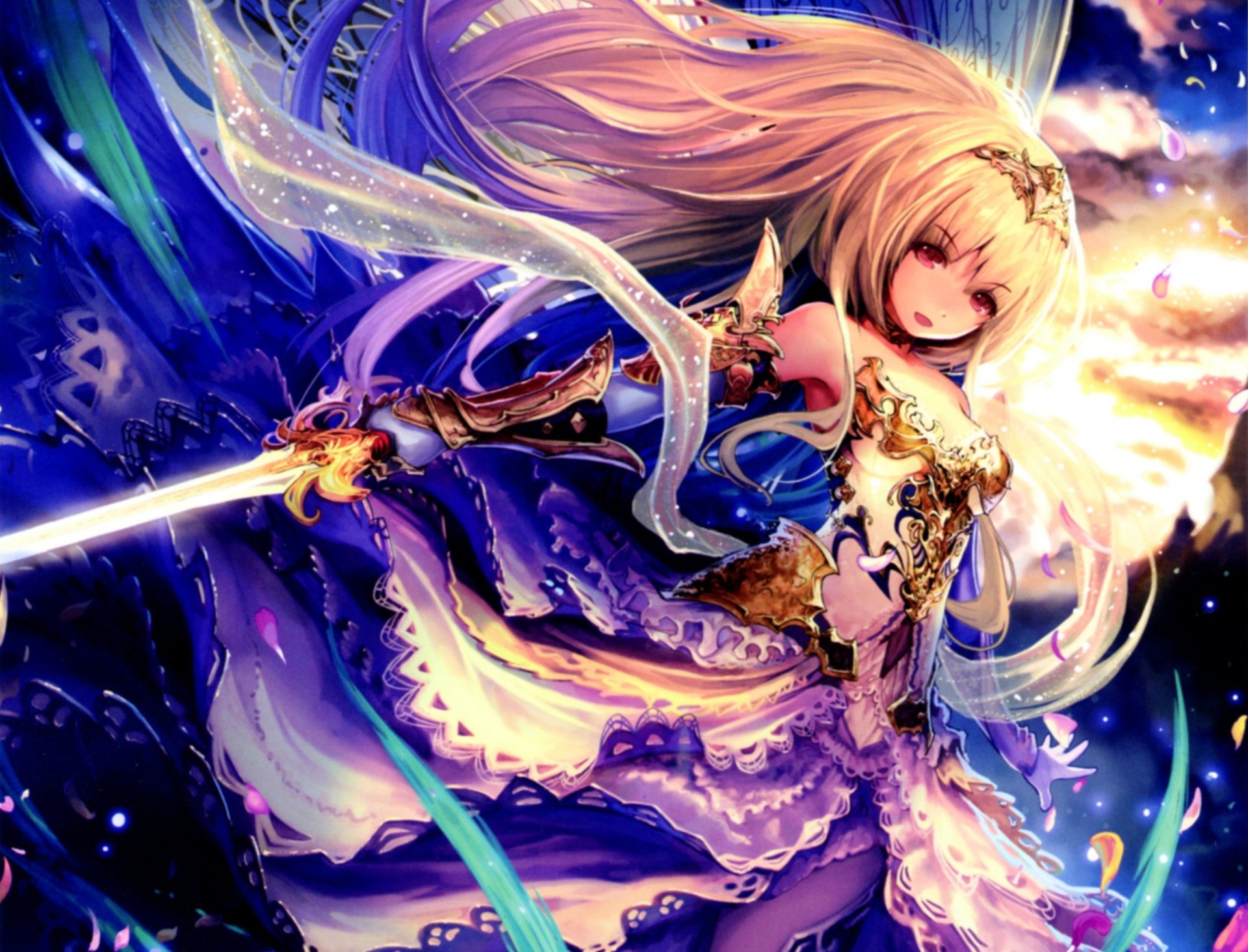 art tachikawa mushimaro bimo anime shingeki no bahamut wings girl tiara sword weapon petals