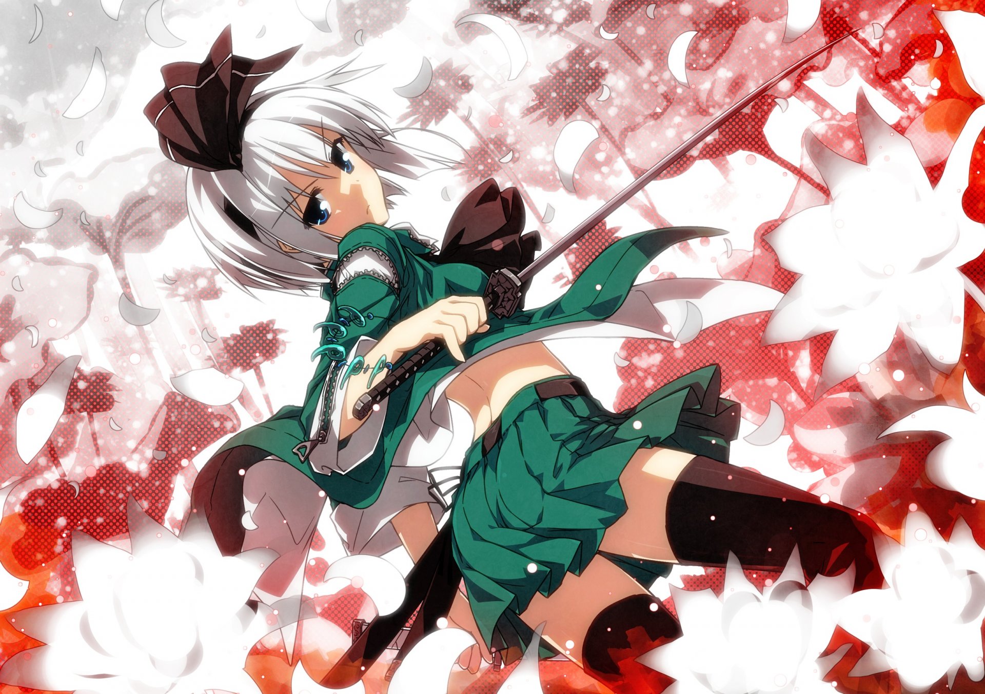 art sazanami mio konpaku youmu touhou toho girl katana weapon sword feet stockings short skirt short hair petals
