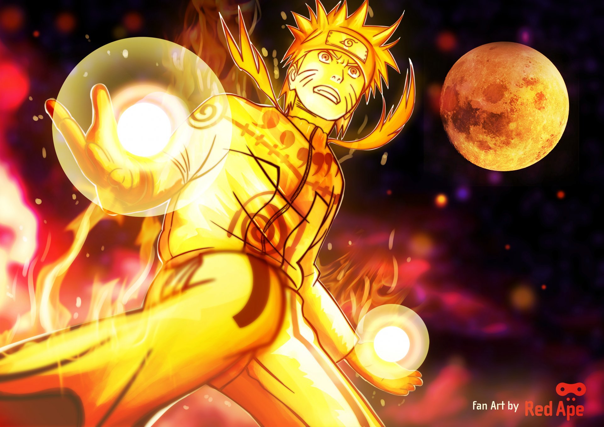 naruto shippuden bijuu mode naruto uzumaki anime manga hitayate blonde hair logo konohagakure no sato bijuu dama chakra flame yellow eye fury shinobi ninja rasengan moon art