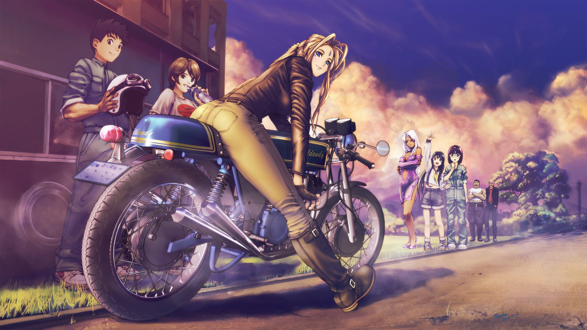 art socha girls man belldandy urd morisato keiichi skuld morisato megumi view smile pose bike characters street sunset oh my goddess!