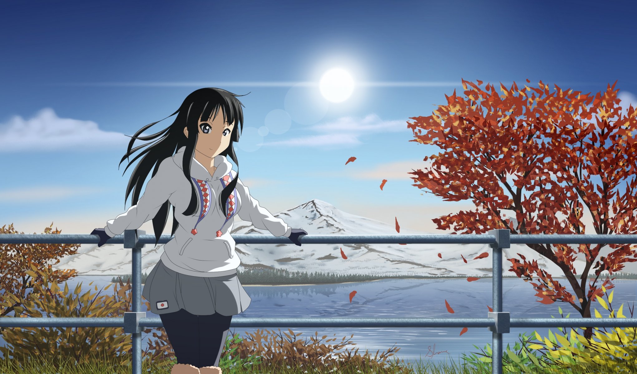 art xzdisturbedzx anime k-on! girl akiyama mio mountain nature landscape sun tree leaves river