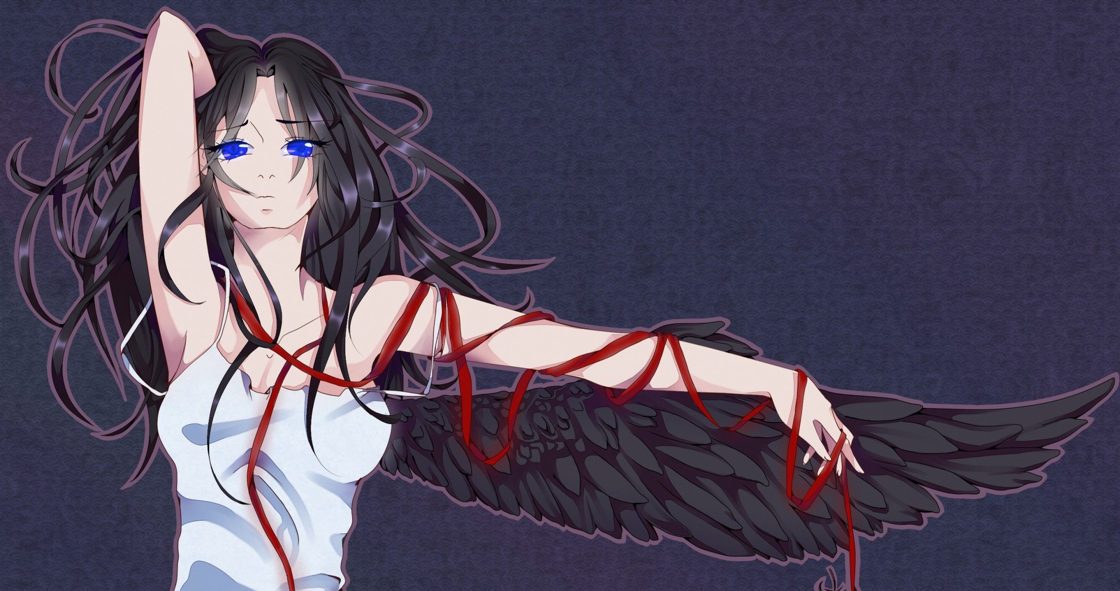 anime art girl angel wings view blue eyes hair white dress