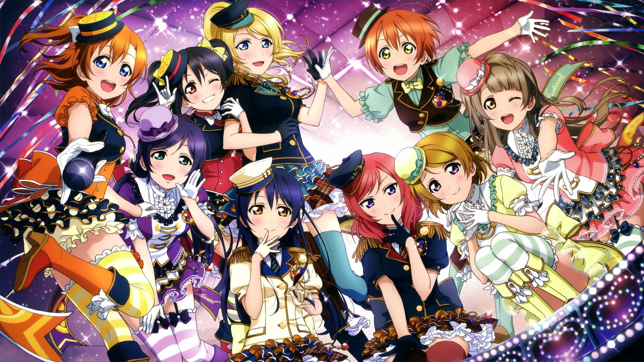 art anime love live! school idol project ayase eli hoshizora rin koizumi hanayo kousaka honoka minami kotori nishikino maki sonoda umi toujou nozomi yazawa nico girls microphone hat bows