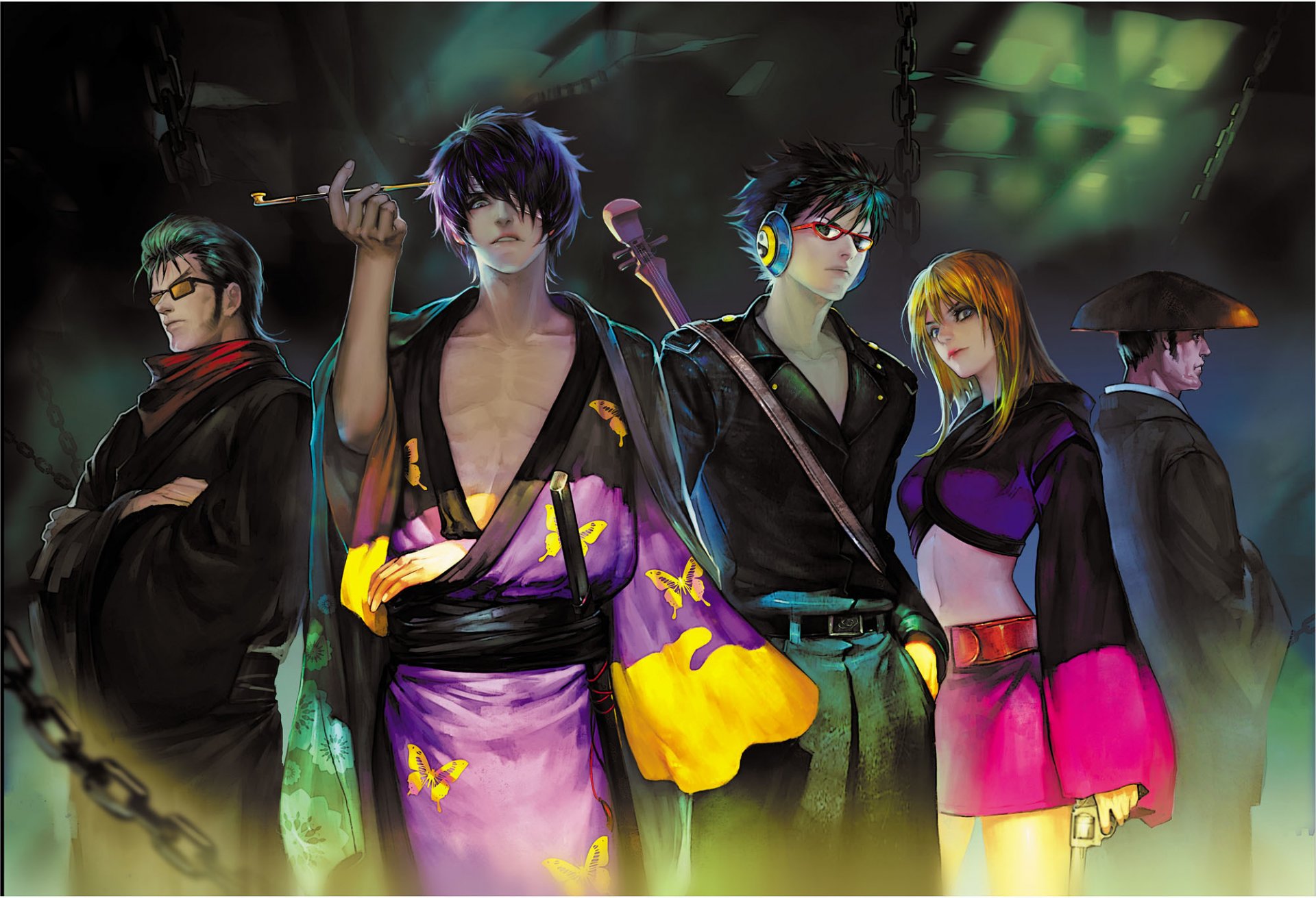 art elna gintama takasugi shinsuke kawakami bansai kijima matako okada nizou takechi henpeita girl man kimono tube weapon gun hat sunglasses circuit headphones