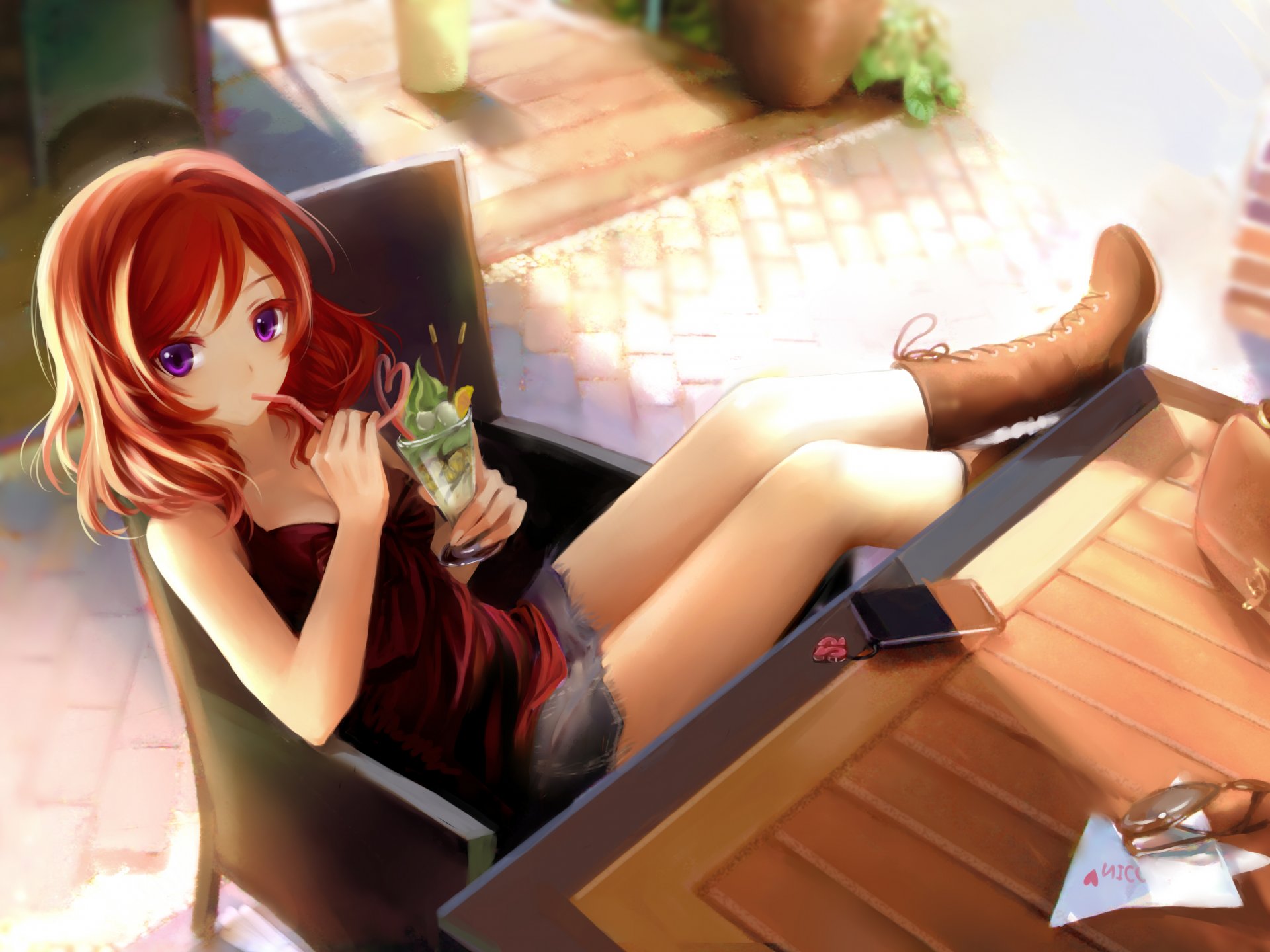 art clouble girl nishikino maki view surprised drink sitting phone love live! school idol project