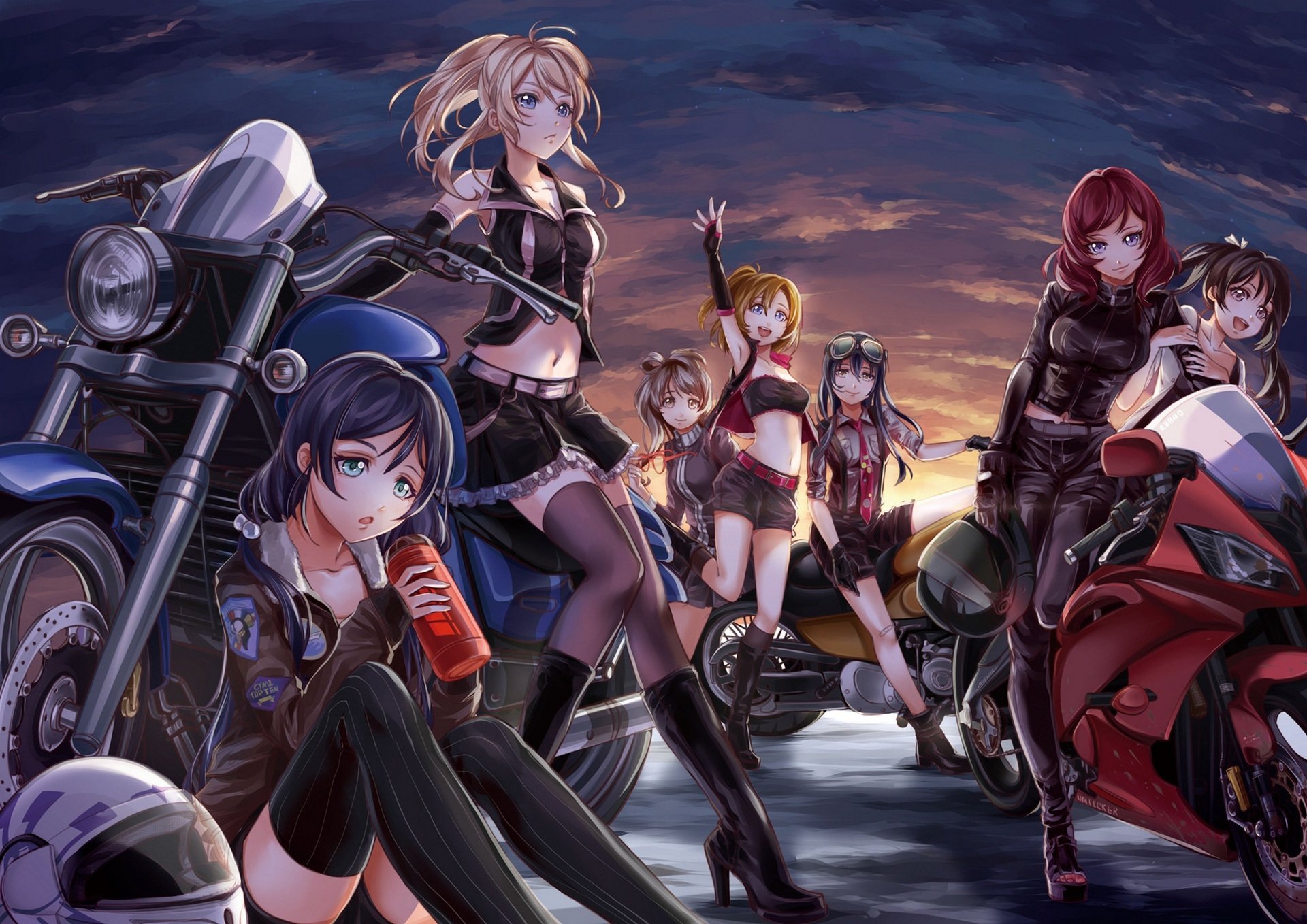 art nye anime love live! school idol project ayase eri kousaka honoka minami kotori nishikino maki sonoda umi toujou nozomi yazawa nico girls motorcycles sunset smile sky clouds