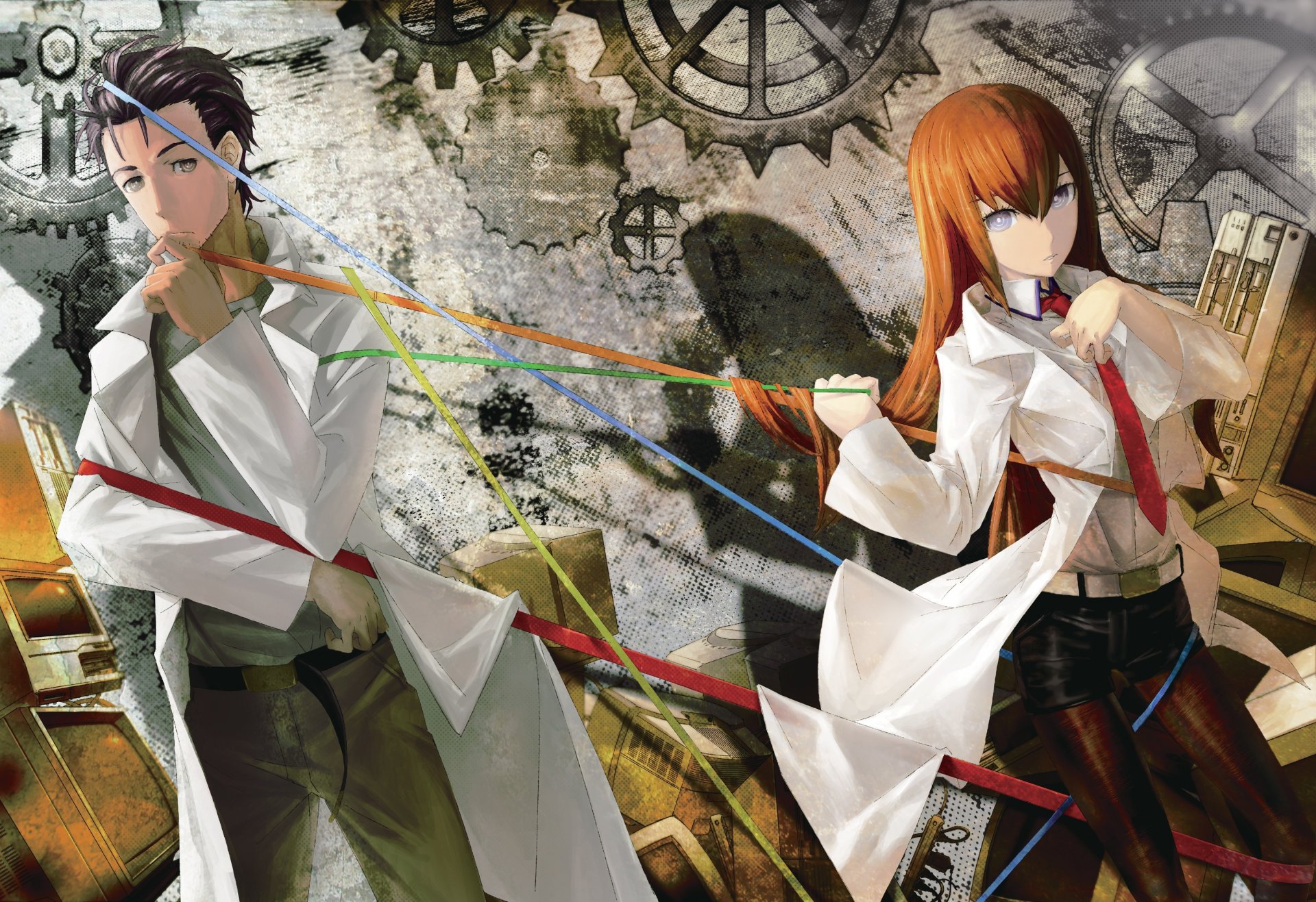 art huke anime steins;gate gates matte makise kurisu okabe rintarou girl guy gown necktie strands