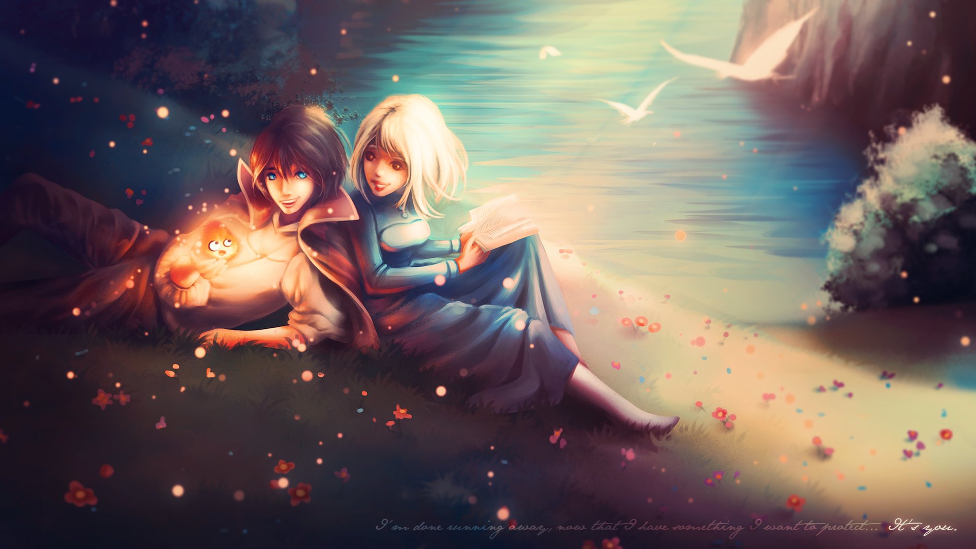 fan art howl's moving castle howl sophie howl's moving castle howl guy girl beach river fire demon book