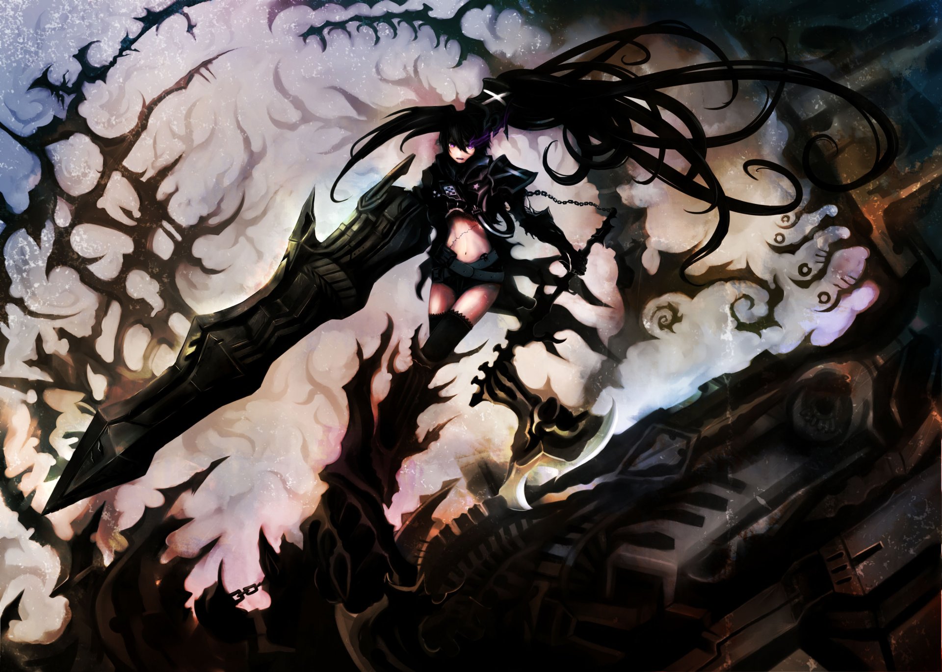 art moekyon girl insane black rock shooter view mood smile weapon circuit scar black rock shooter