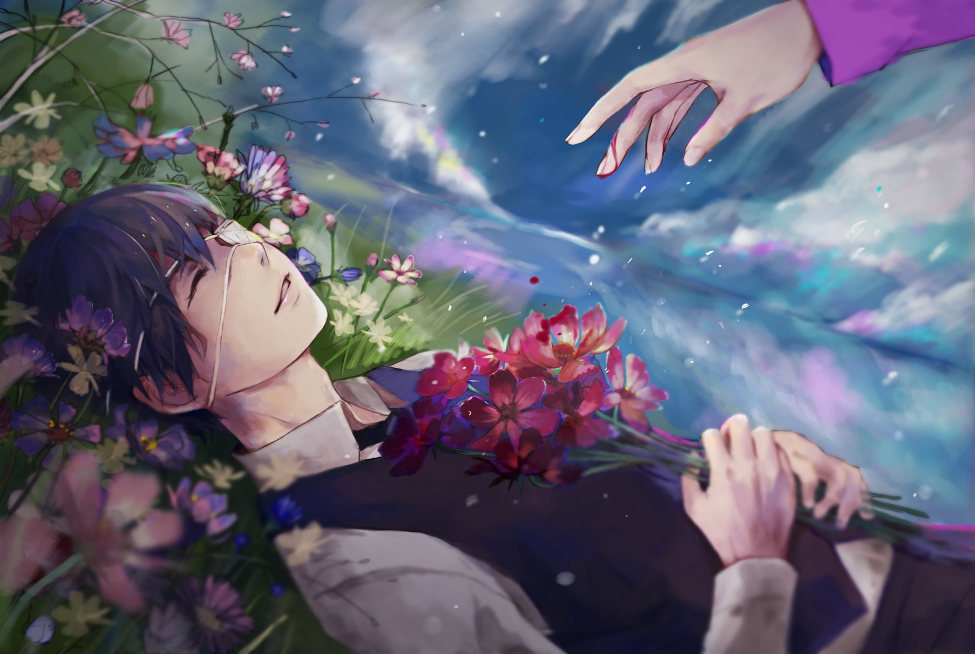 art ringo ruoyuwang anime tokyo ghoul kaneki ken guy rain flower hand bandage smile sky clouds
