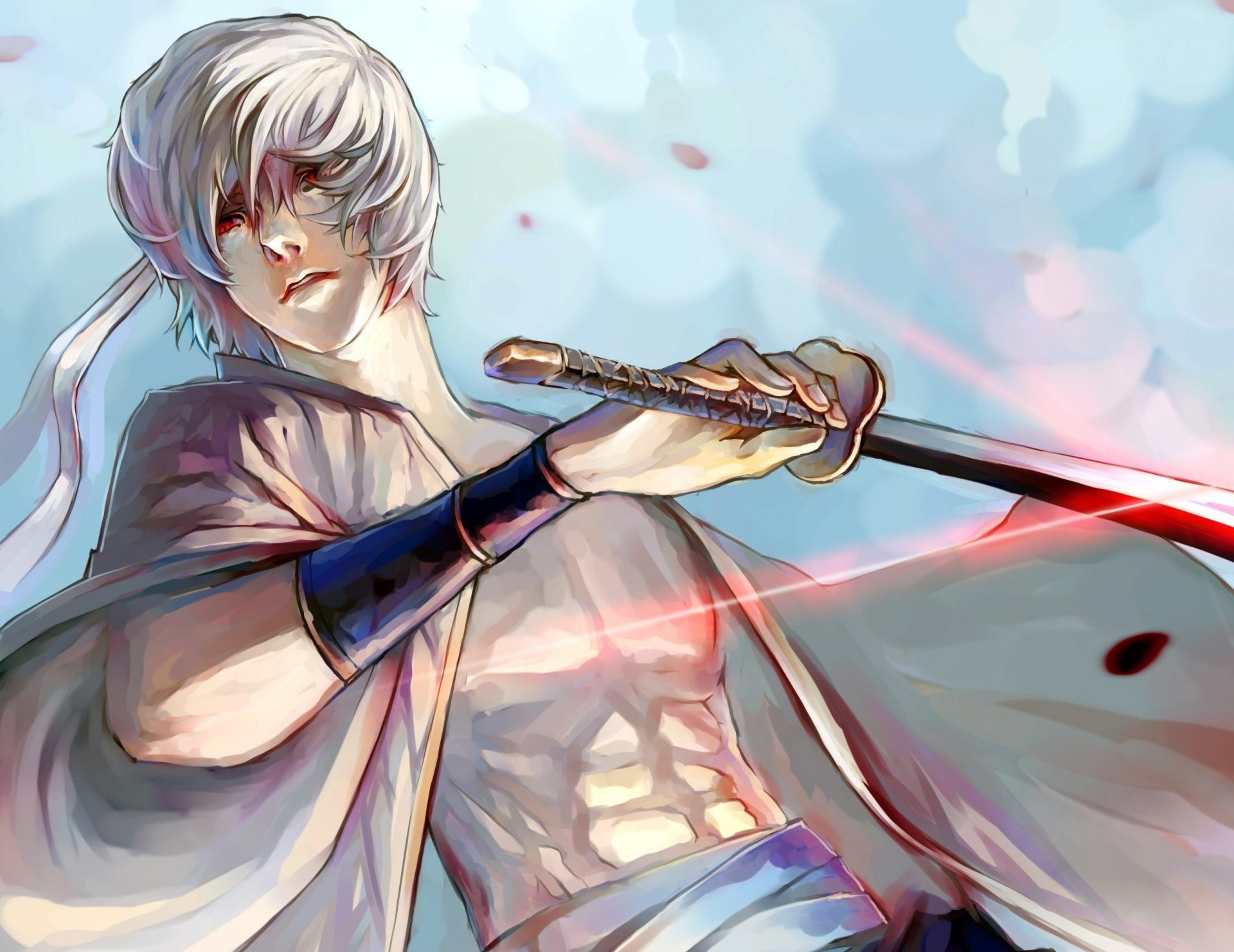 art shimo anime gintama sakata gintoki shiroyasha guy katana weapon petals