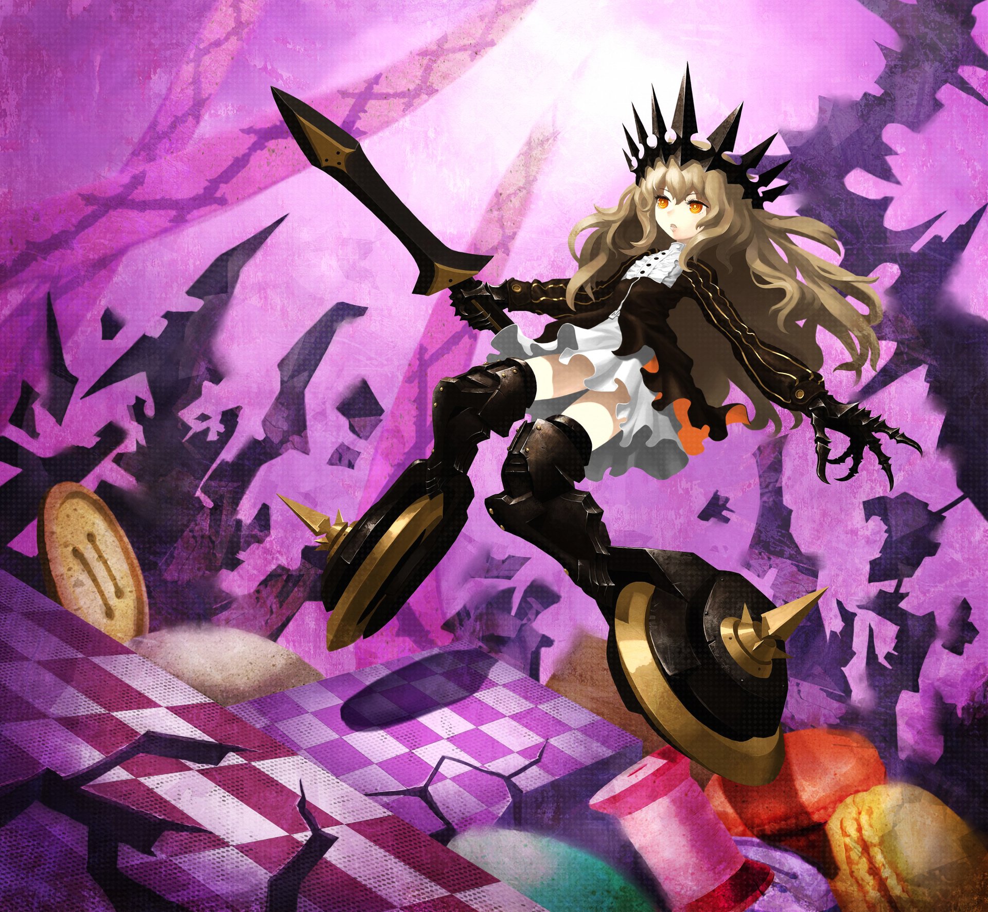 art anime black rock shooter chariot izuriha kagari girl sword crown weapon sweets cookies buttons coil
