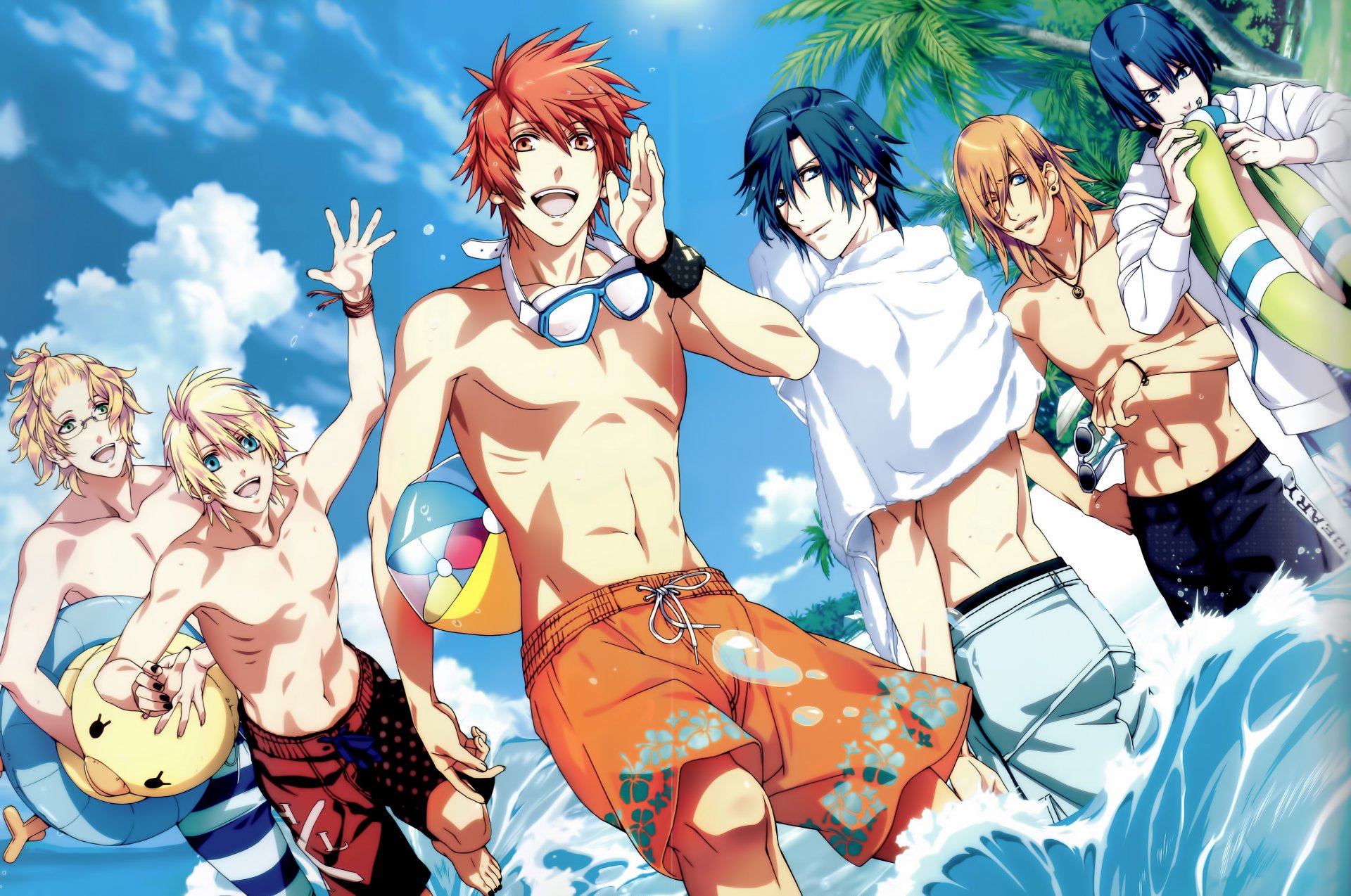 art mori mitsue anime uta no prince-sama ichinose tokiya jinguji ren hijirikawa masato ittoki otoya kurusu shou shinomiya natsuki man beach sea water ocean fun drops ball circle towel sunglasses palm