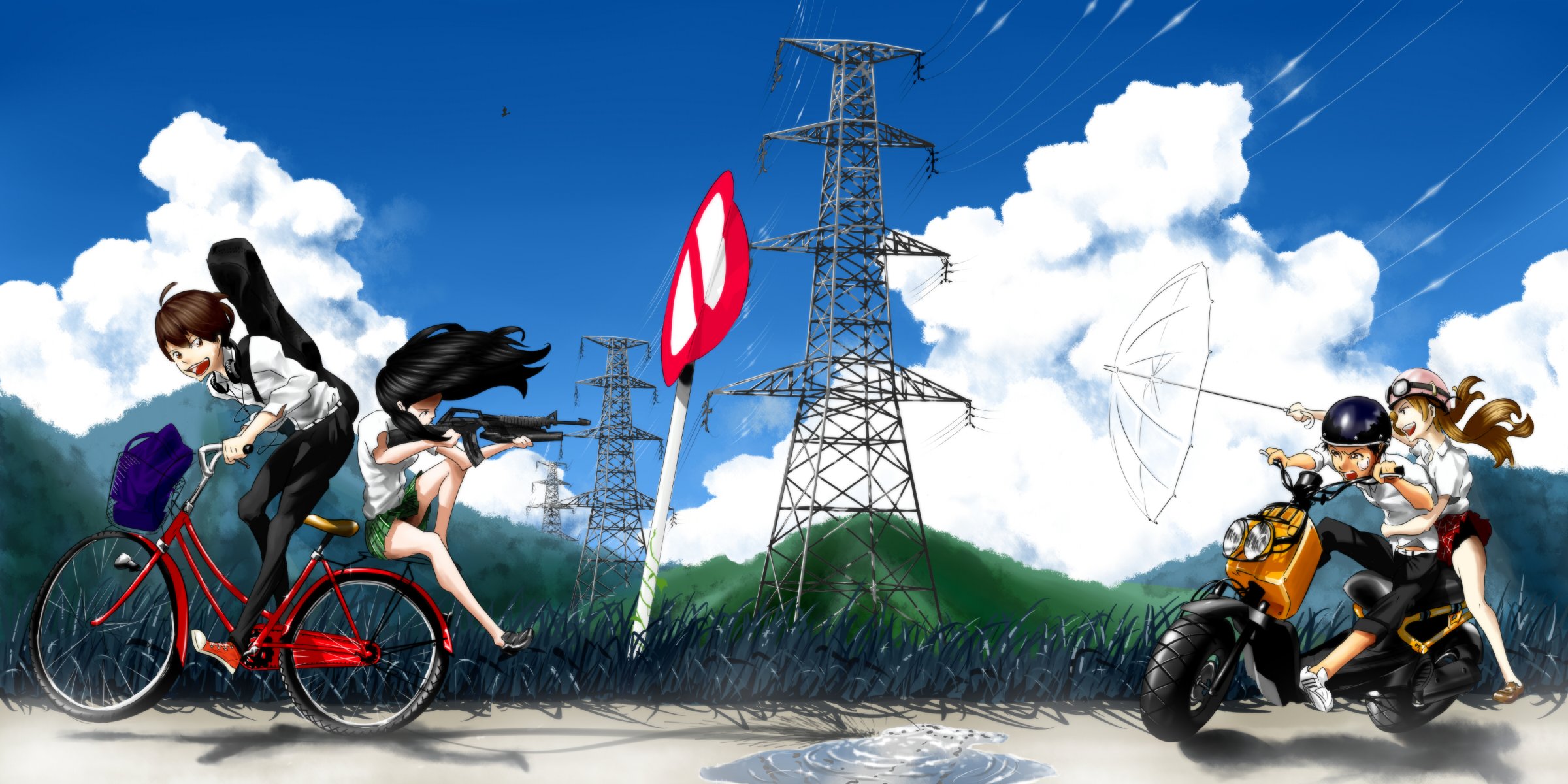 art pikushibuaidhy students headphones guitars bag grass girls man friends bike nature sky clouds mountain wind helmet weapon machine moped mark birds wire anime patch sunglasses