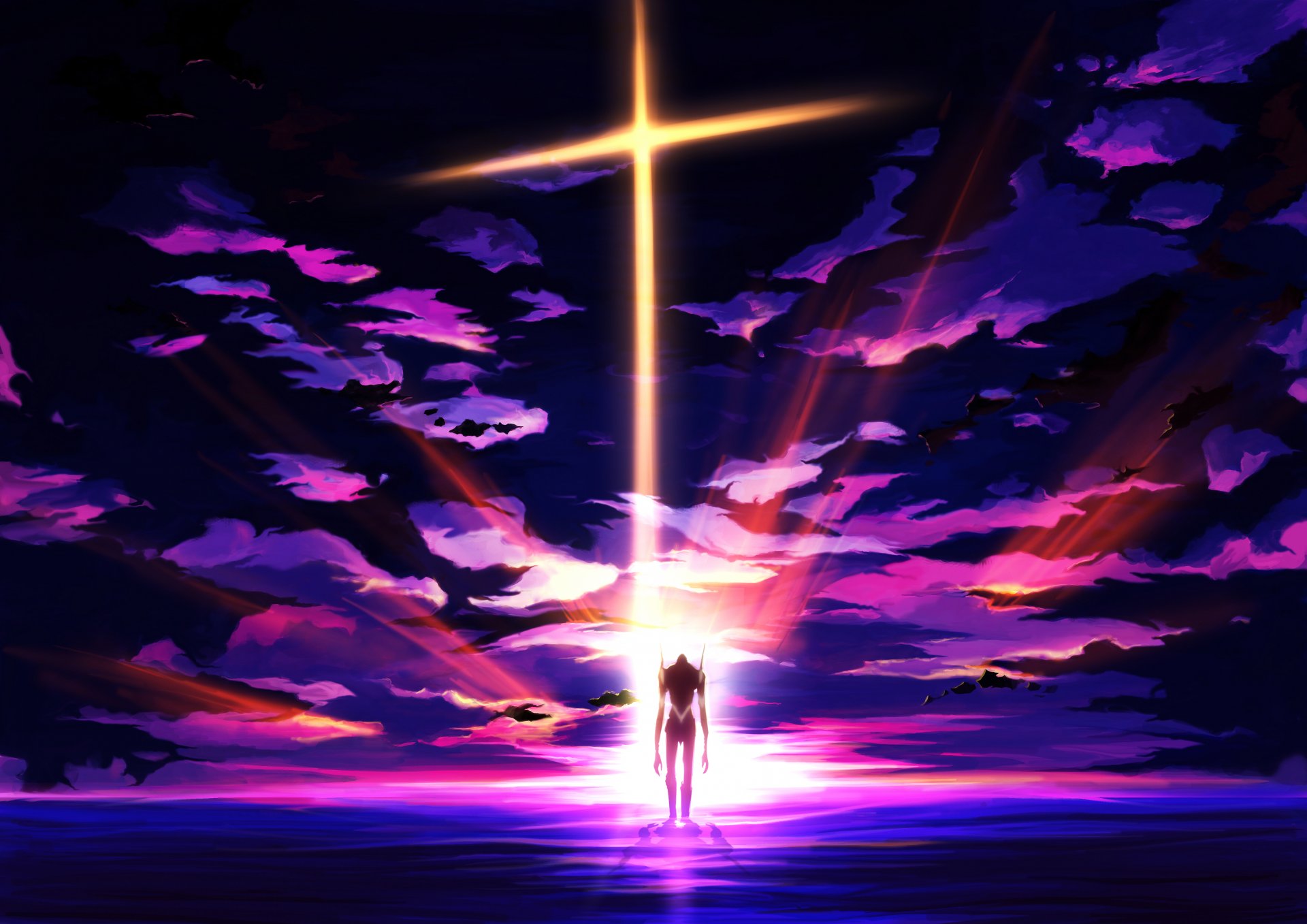 art craft ghost anime neon genesis evangelion eva 01 robots fur sunset sky clouds