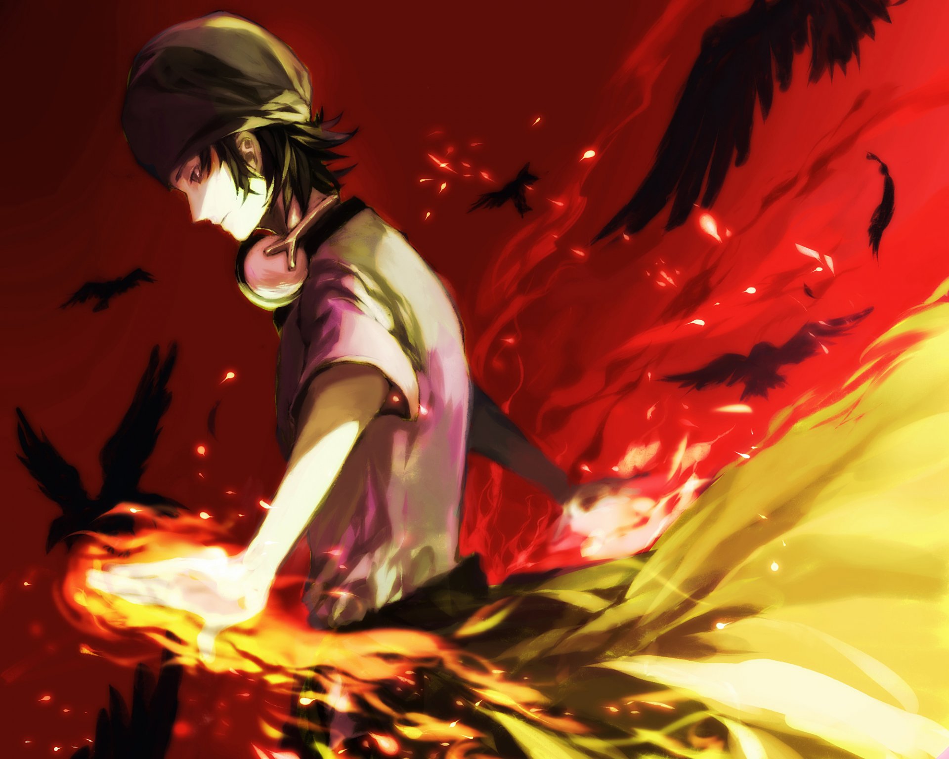 art k-project misaki yata anime guy magic fire birds feathers headphones