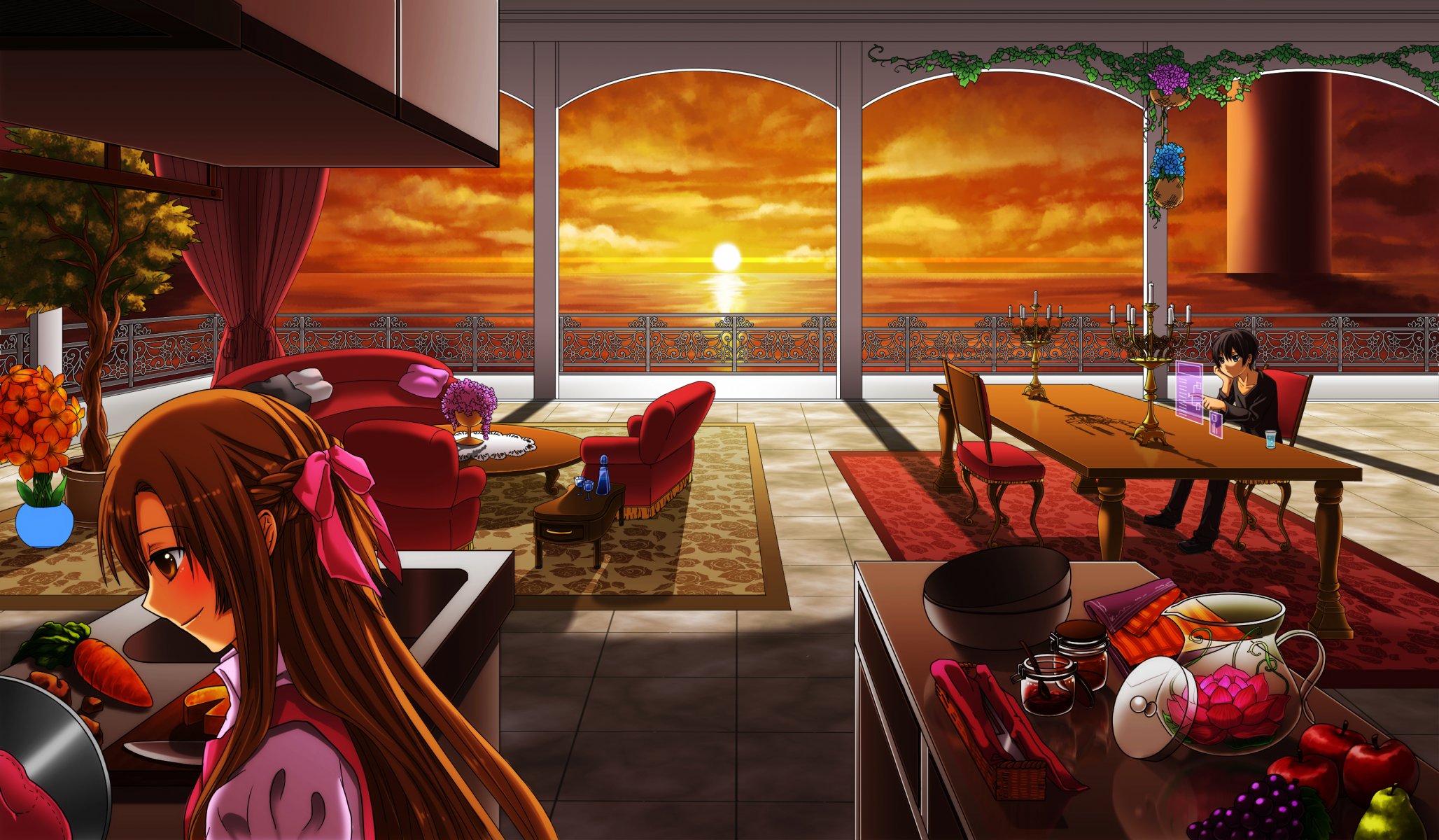 sword art online yuuki asuna kirito girl guy room tables sunset fruits sea kitchen