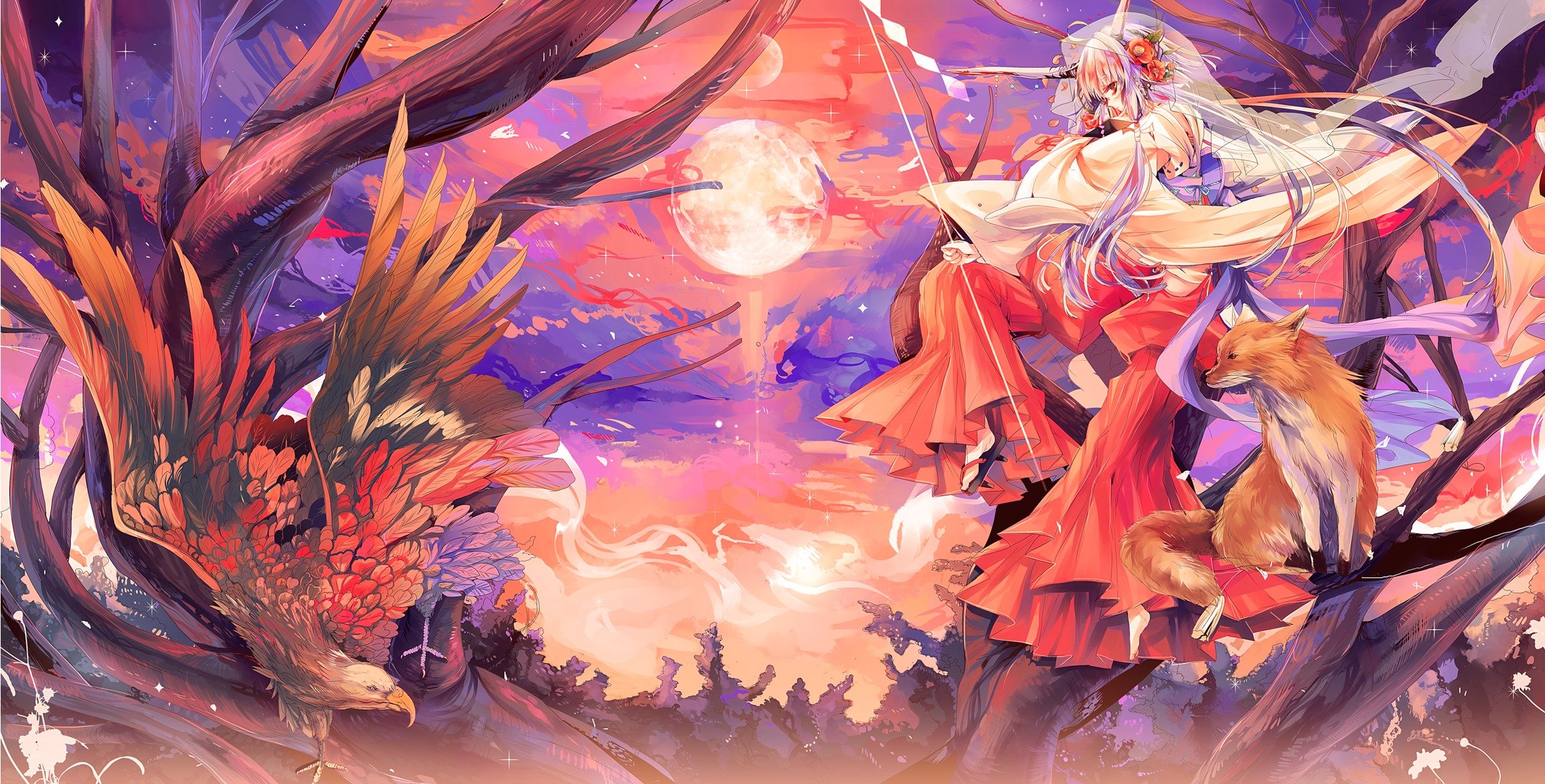 anime girl fox kitsune small animals poultry moon