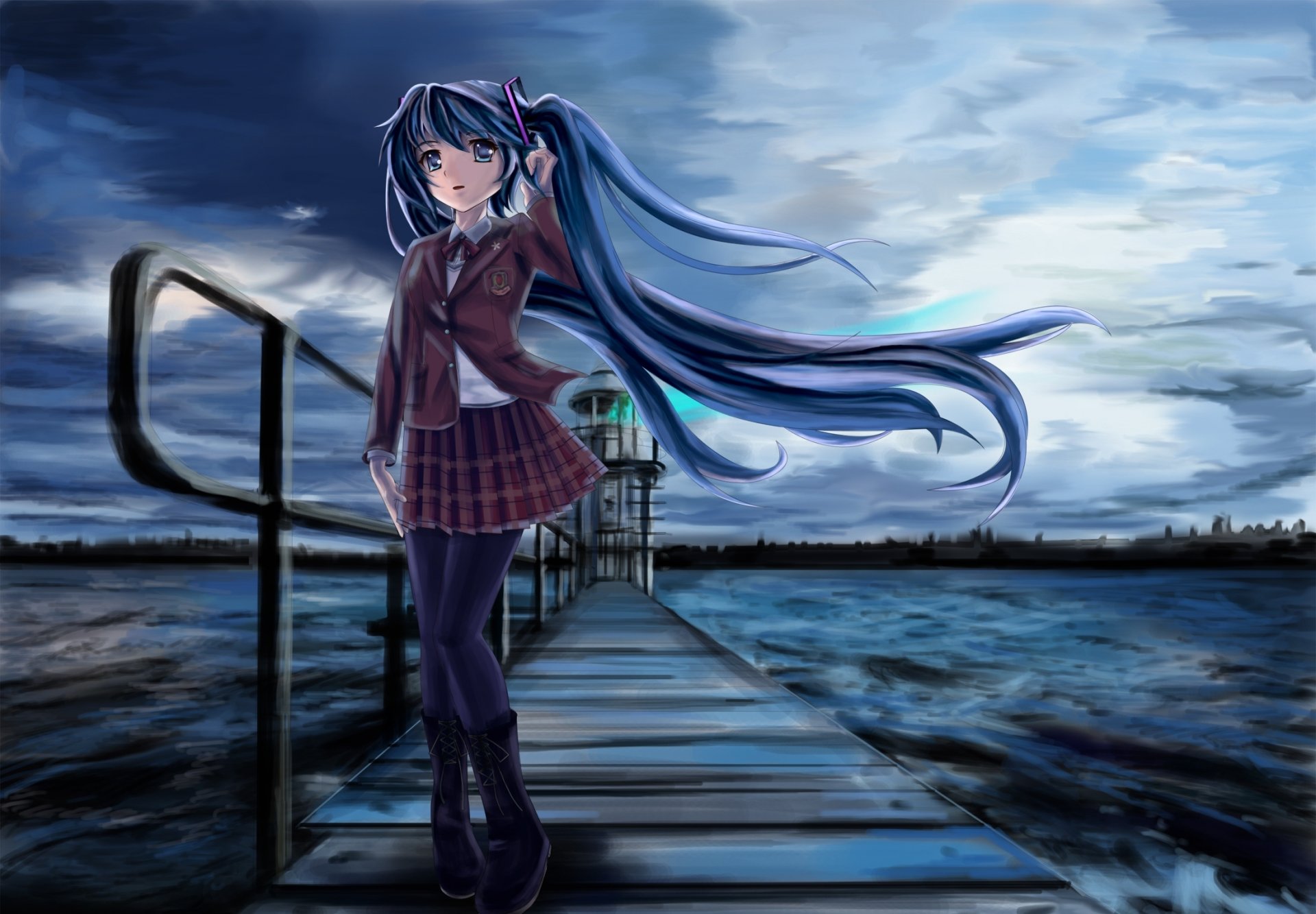 art edogawakid girl hatsune miku school uniform bridge lighthouse sea cool darkness vocaloid
