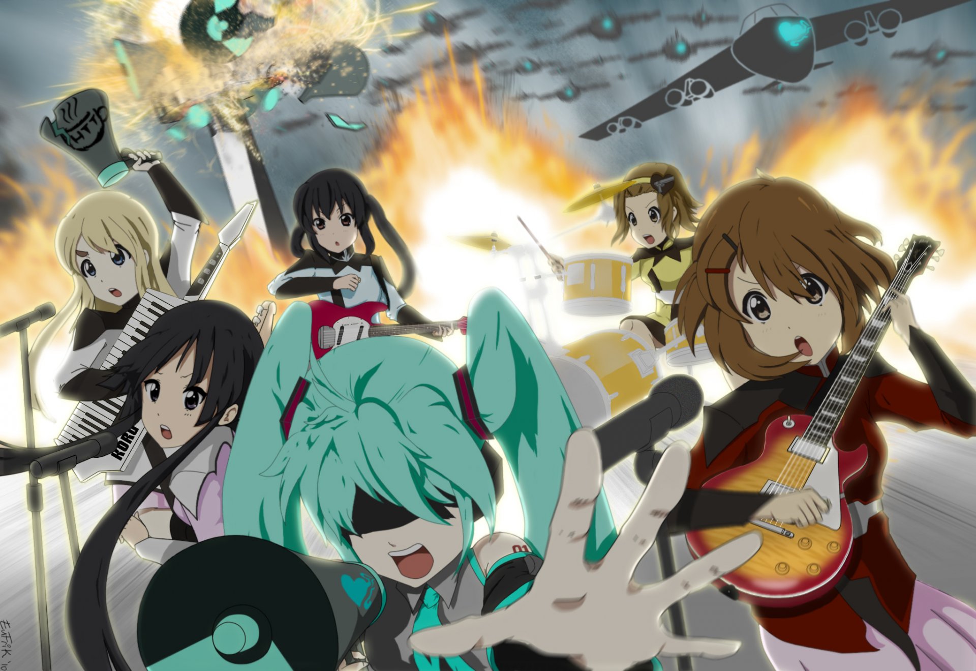 love is war vocaloid hatsune miku k-on girls the group anime guitars explosions fire