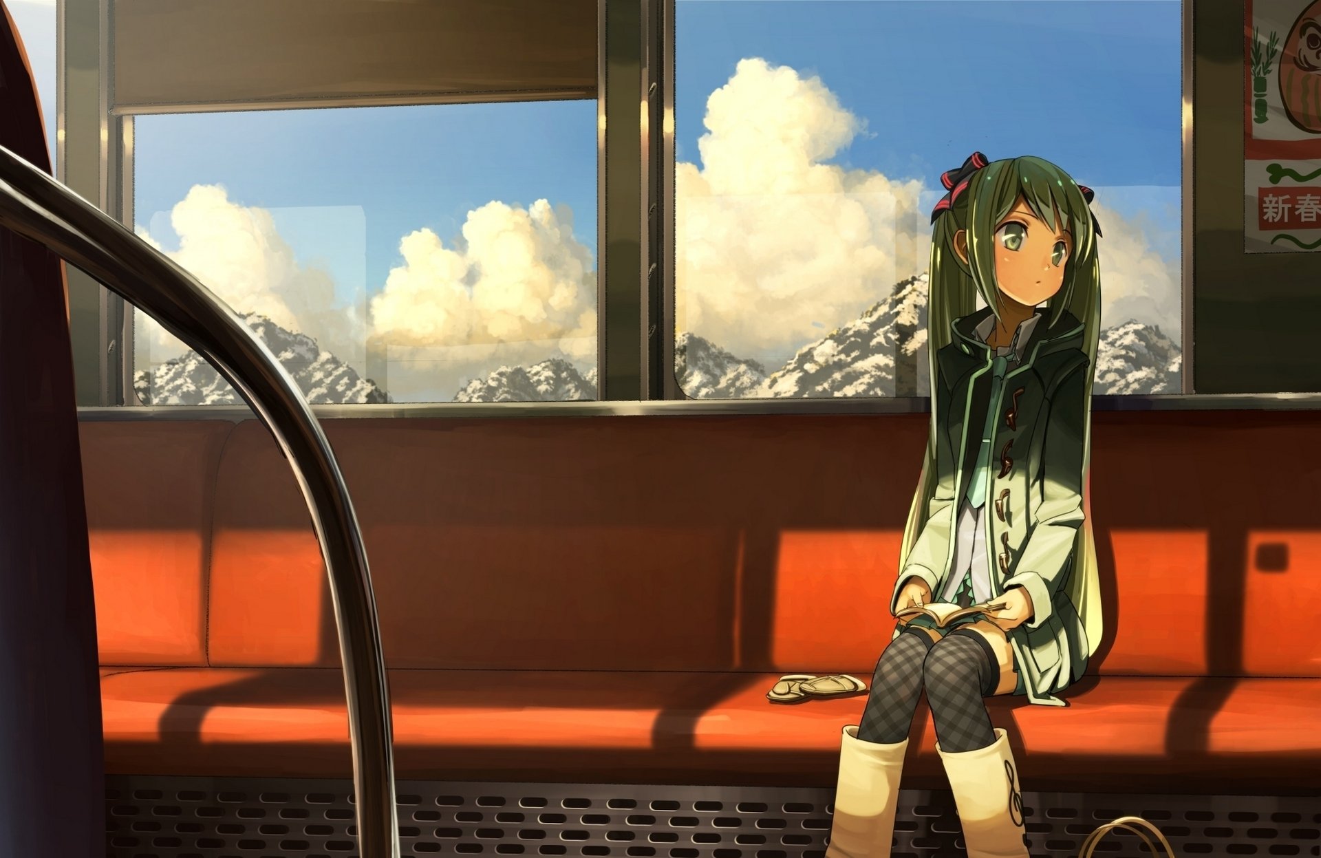 art domo1220 vocaloid hatsune miku girl car posters seats mountain clouds train mittens