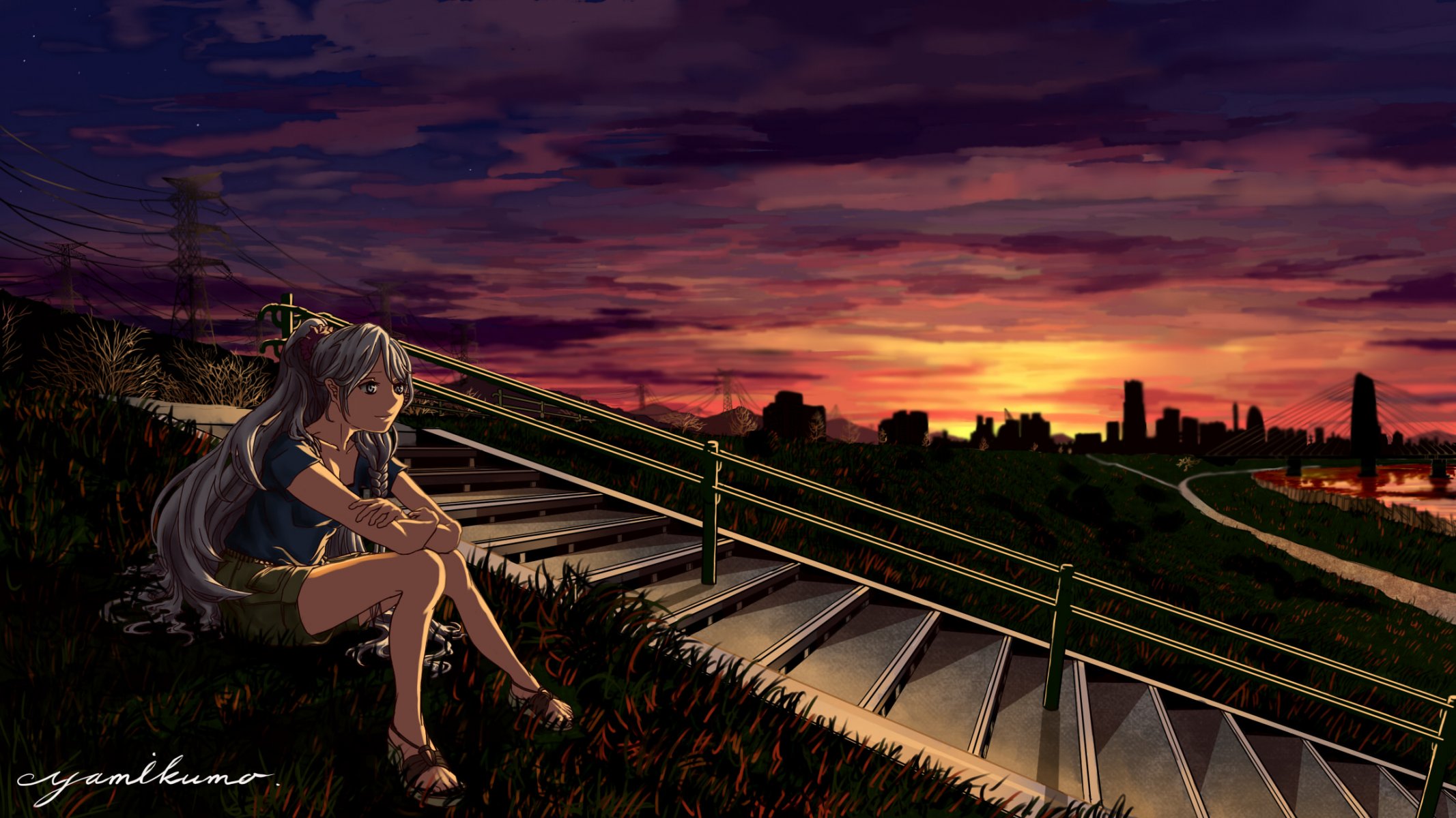 vocaloid hatsune miku girl sitting night sunset hill a step stairs rails grass