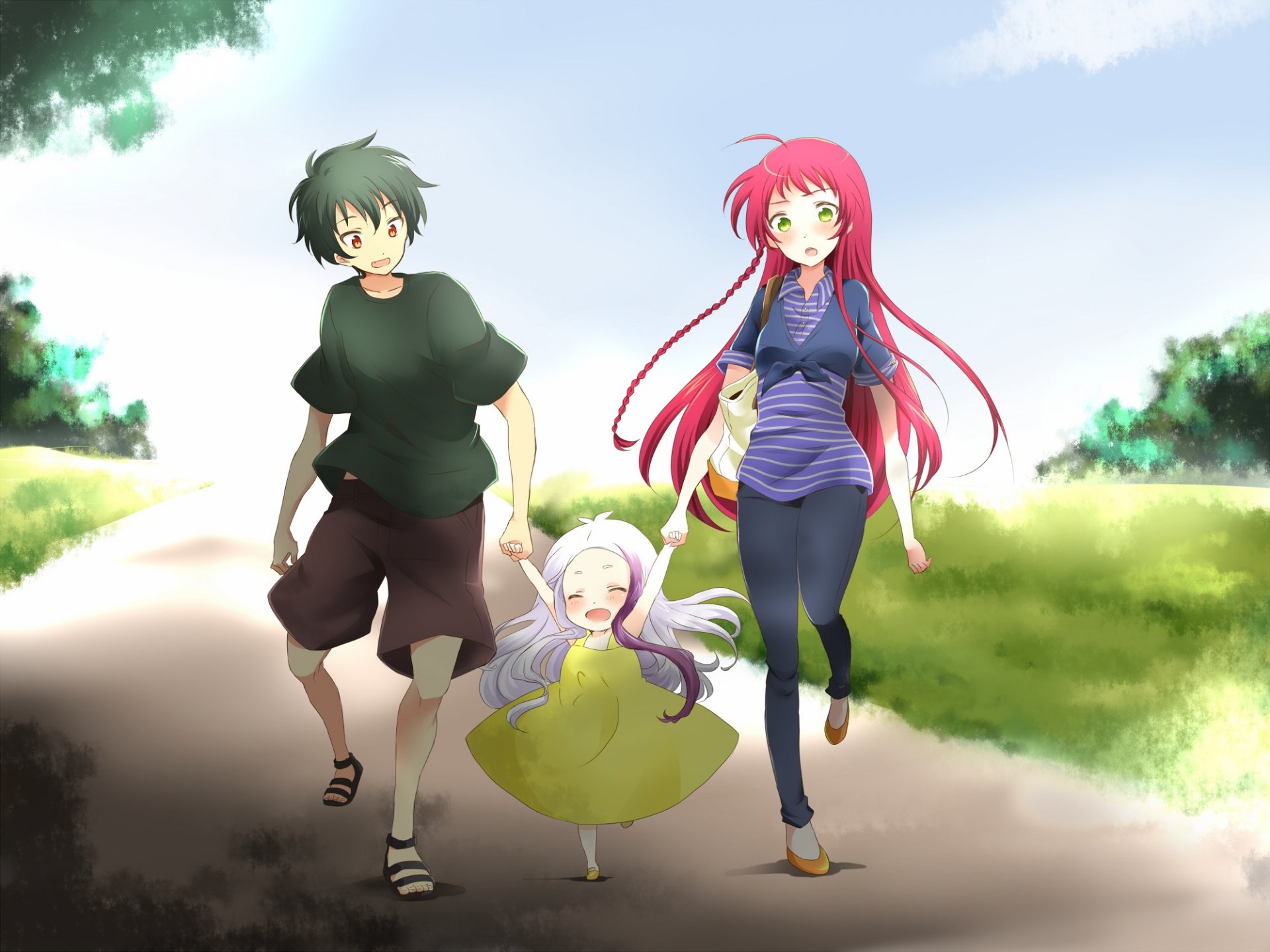 anime art hataraku maou-sama! maou sadao yusa emi arras ramus guy girl three walk