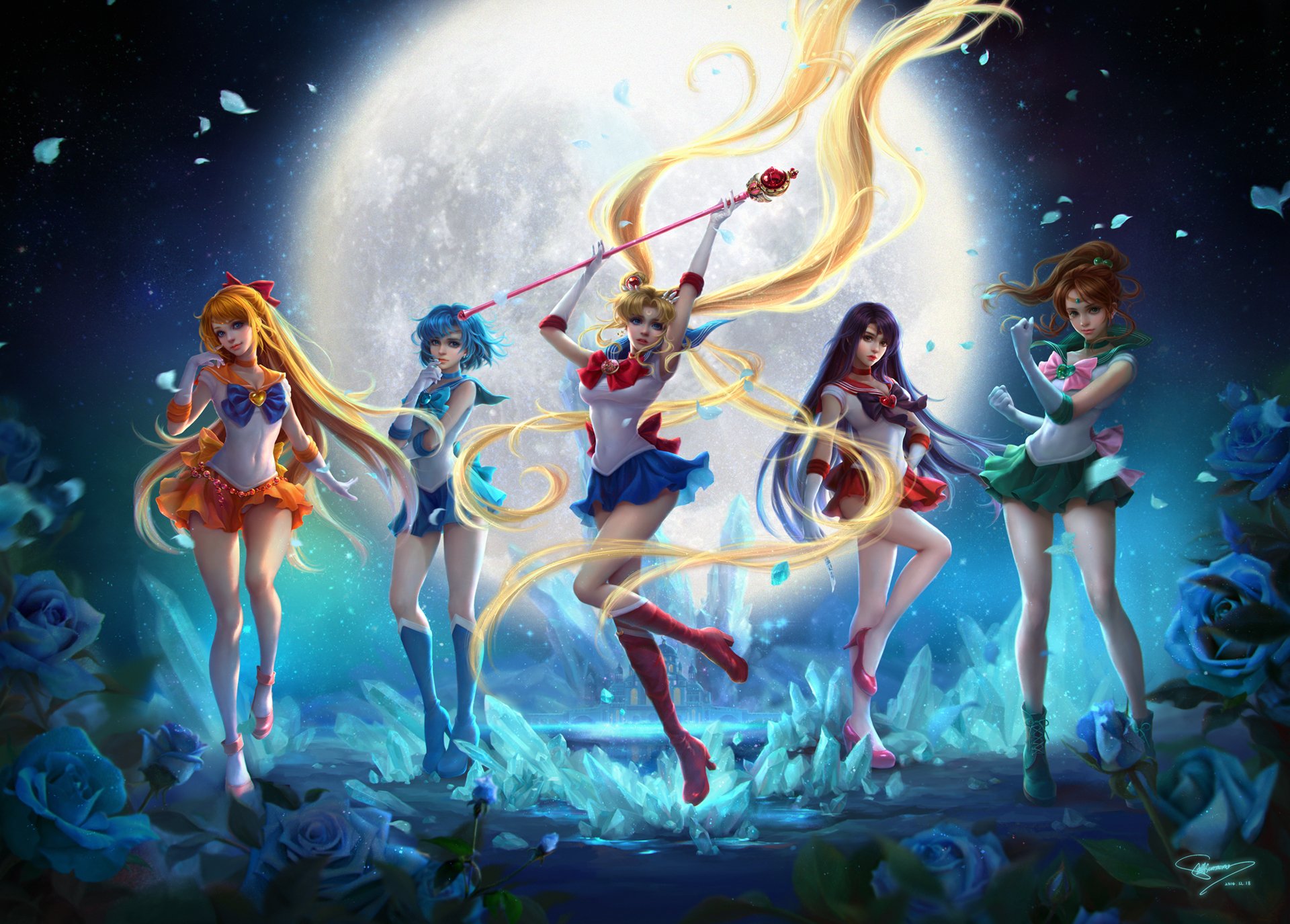 art sunmomo anime bishoujo senshi sailor moon tsukino usagi sailor moon aino minako sailor venus sailor mars hino rei mizuno ami sailor mercury sailor jupiter kino makoto girls moon flower roses night