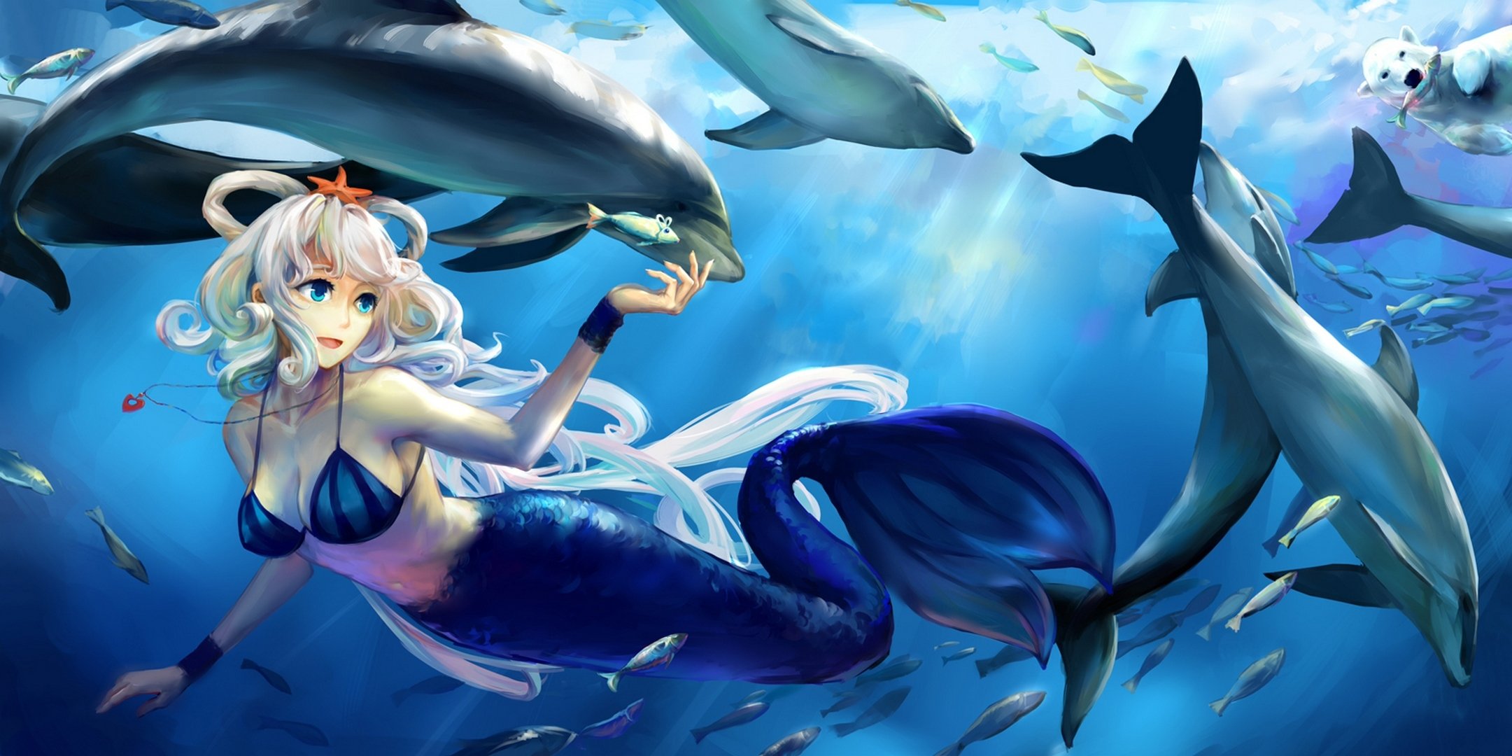 art jiaoshouwen vocaloid luo tianyi mermaid girl under water bear fish star dolphins ocean