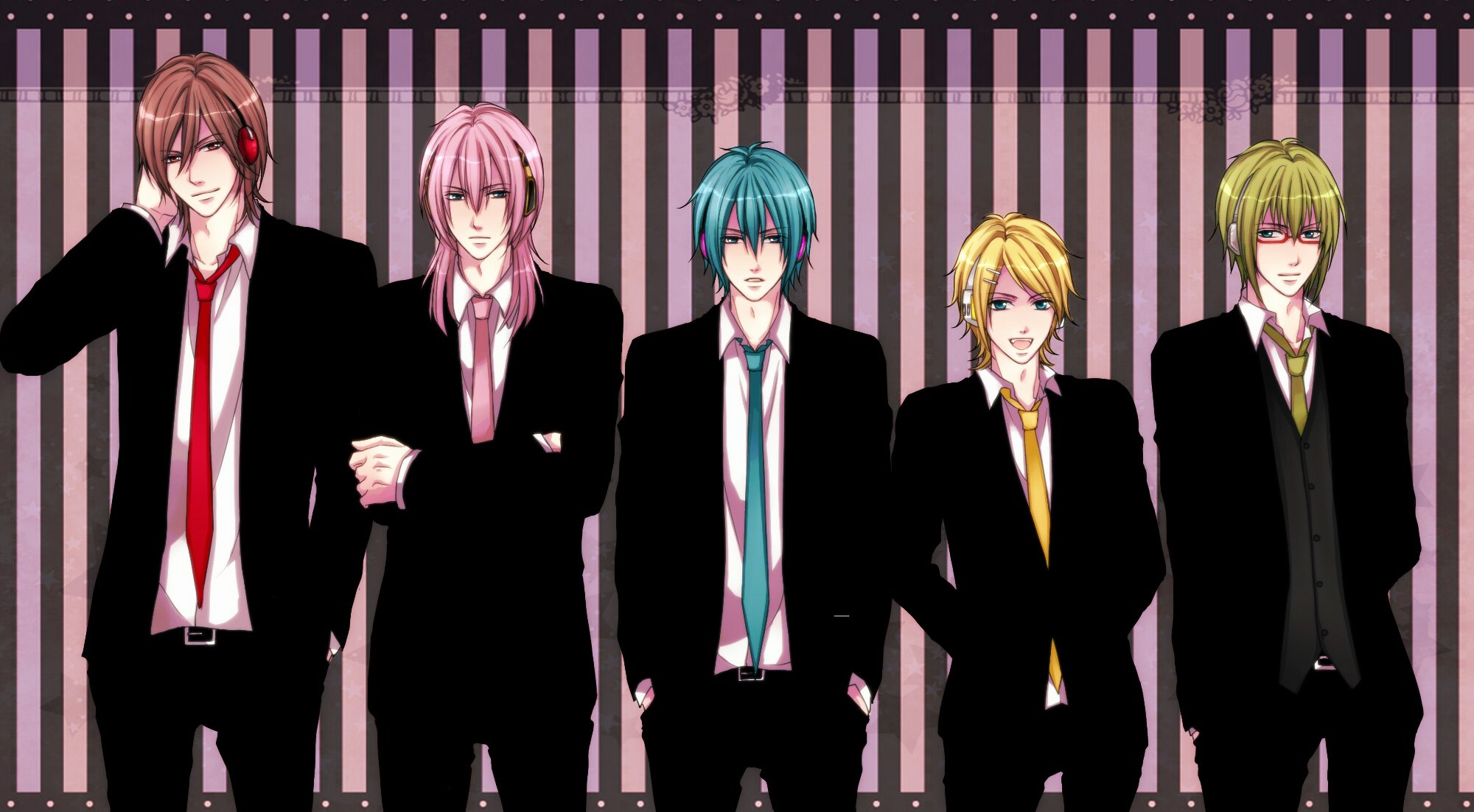 art vocaloid hatsune mikuo gumo meito megurine luki kagamine rinto man suits necktie sunglasses vest headphones