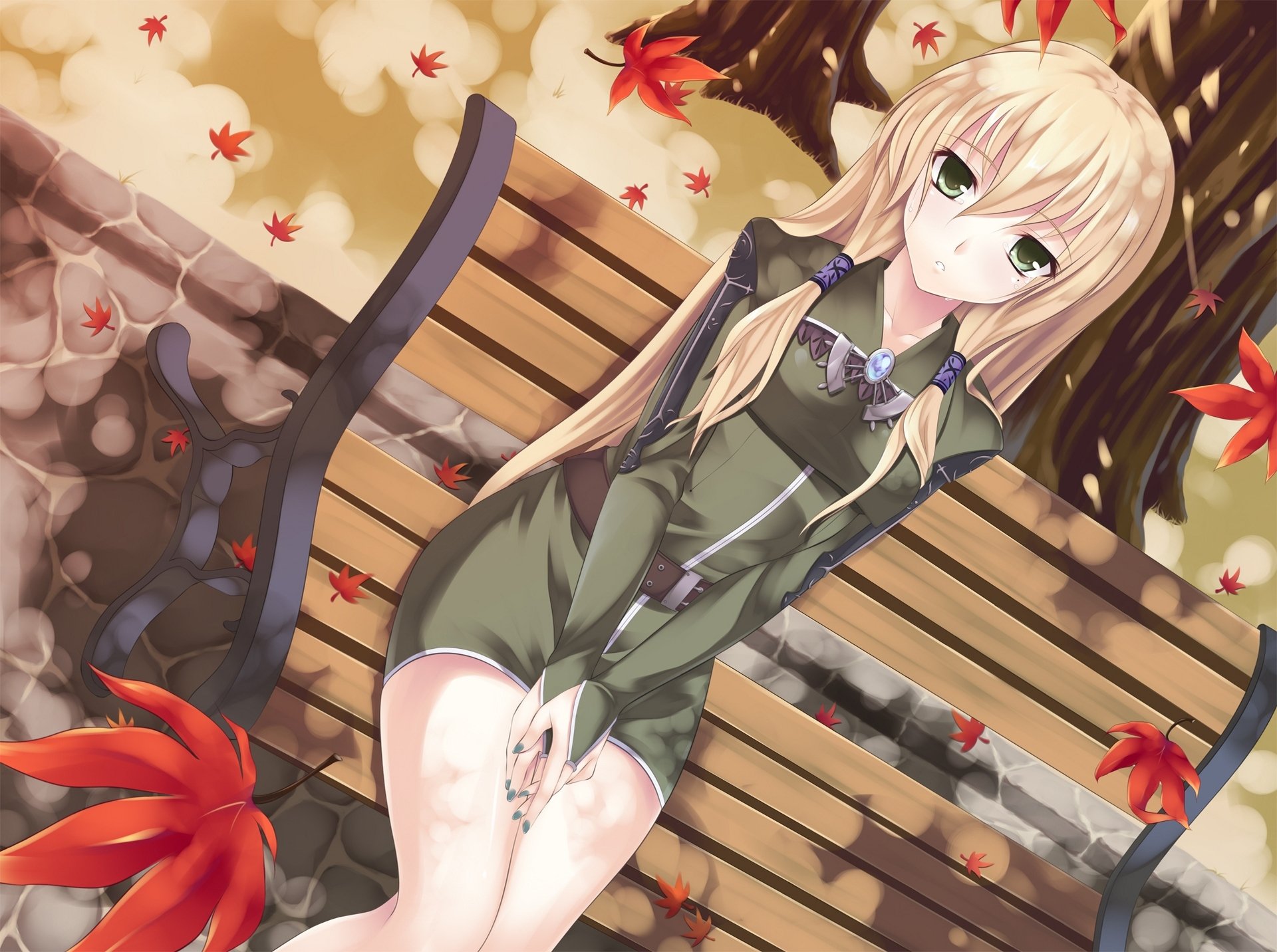 art iroha unyun girl bench leaves anime schoolgirl tree tears