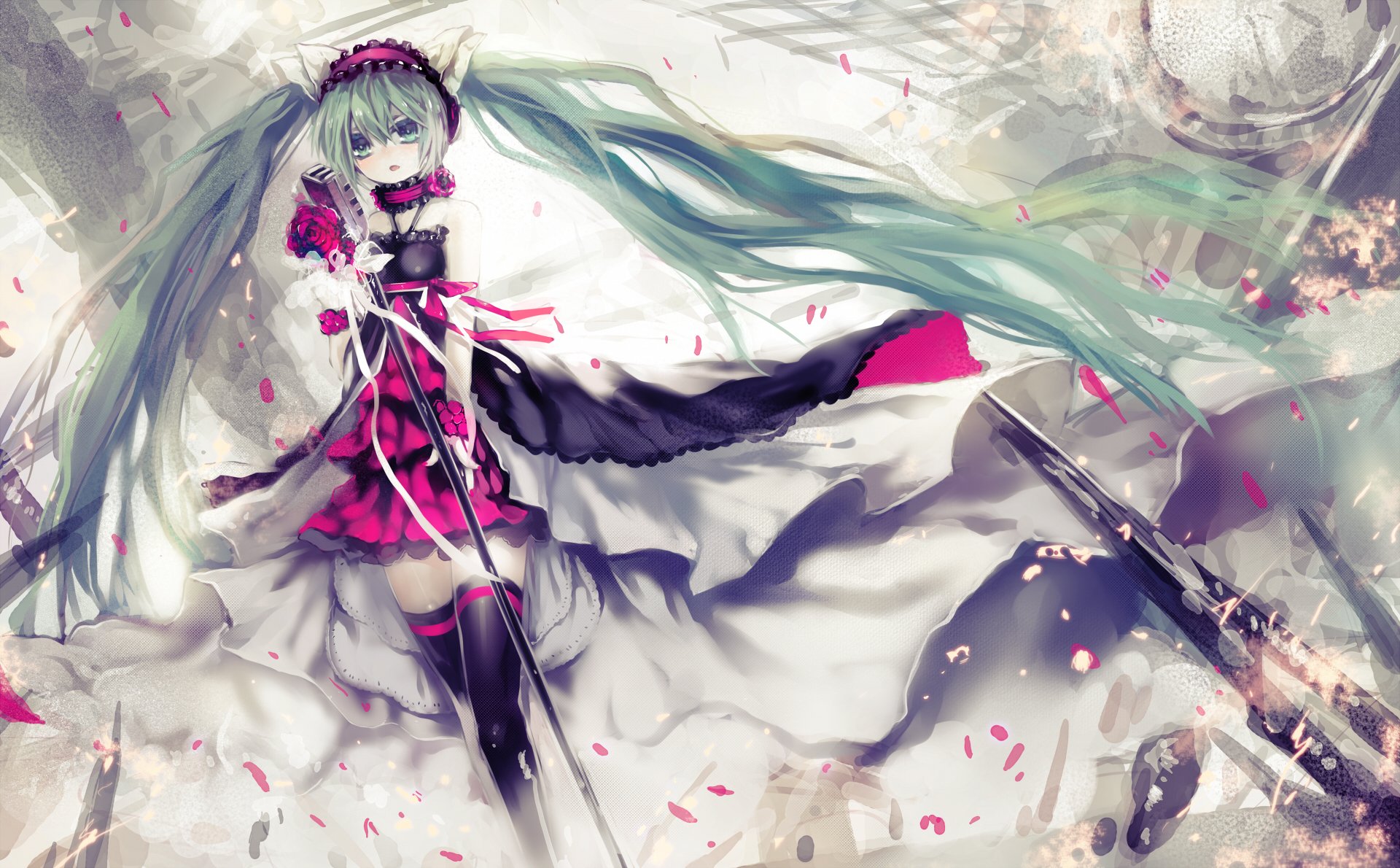 art utm 7th dragon vocaloid hatsune miku girl microphone petals roses flower headphones ears