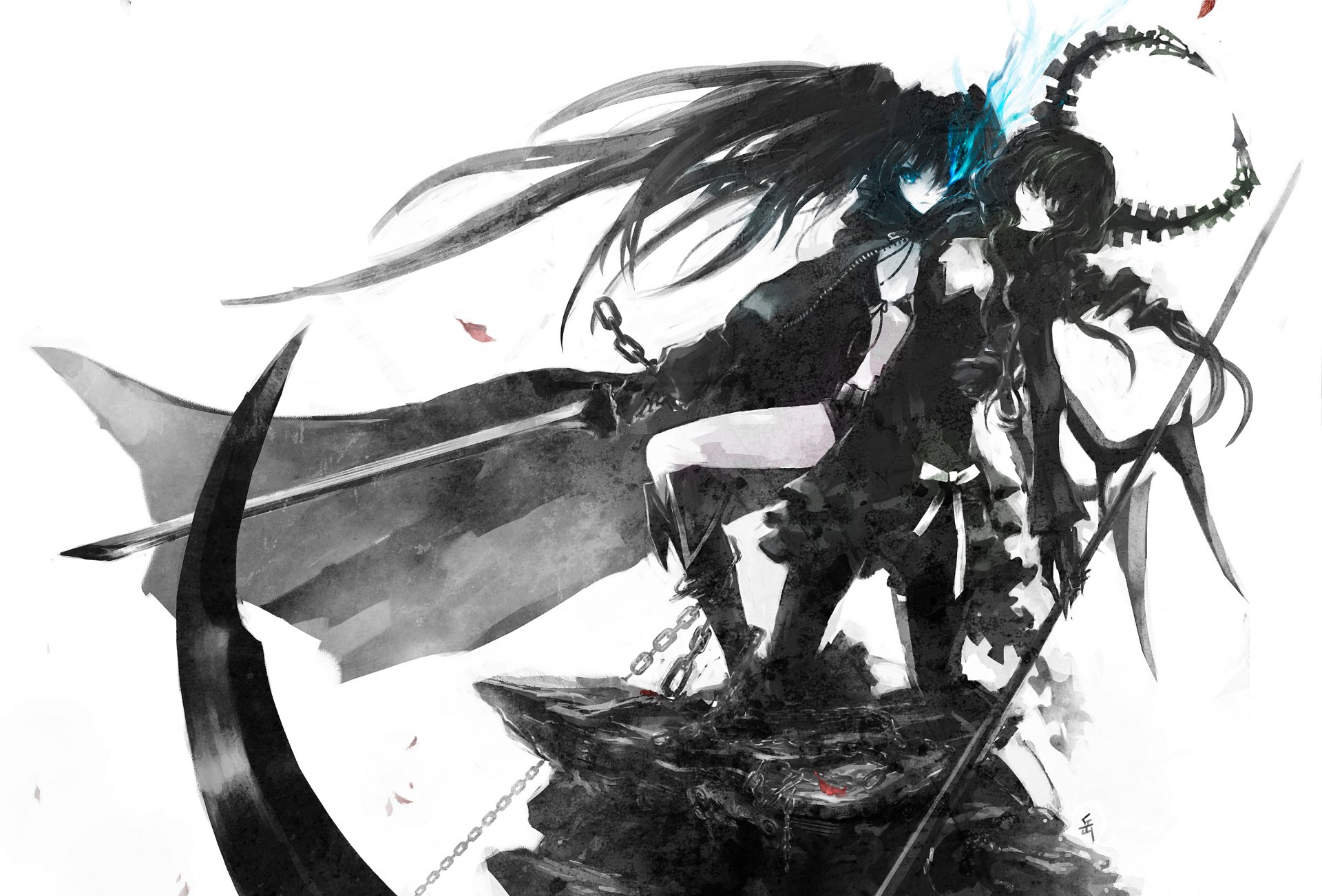 black rock shooter kuroi mato takanashi yomi girls weapon sword spit coat blue flame chains archlich