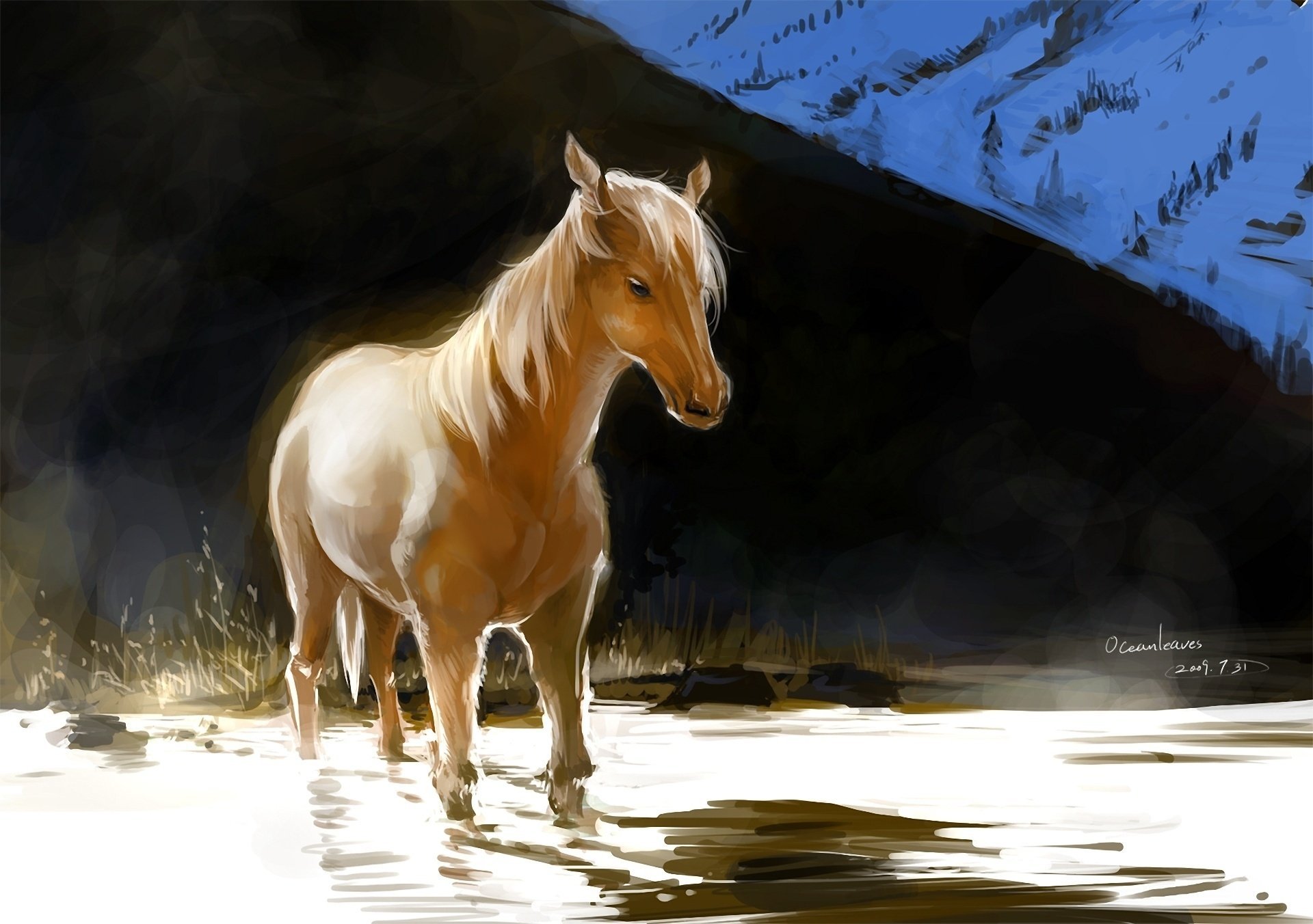 Art composition of a red horse near a hill