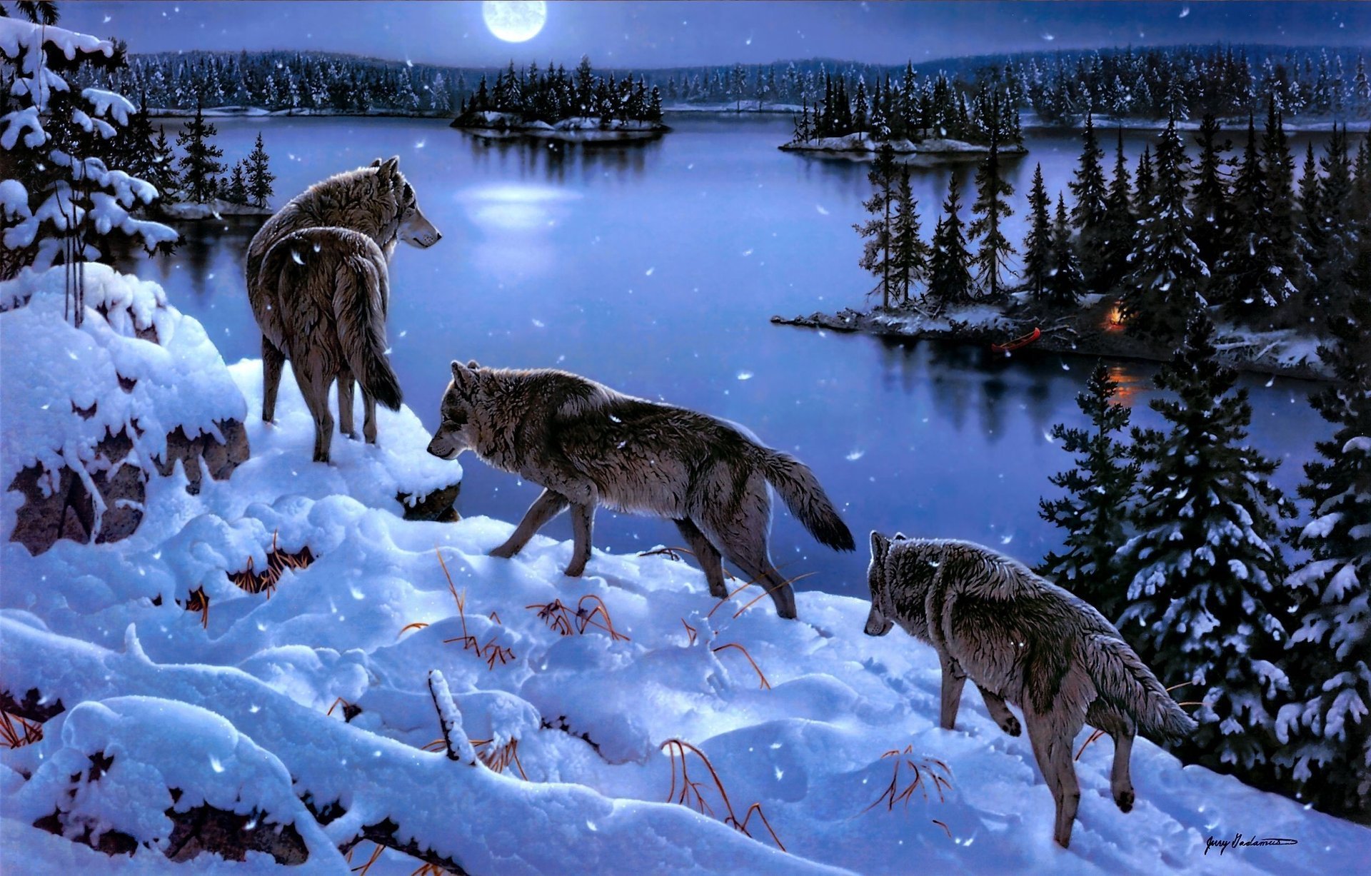 A pack of hungry wolves on a snowy forest slope at the foot of a blue lake