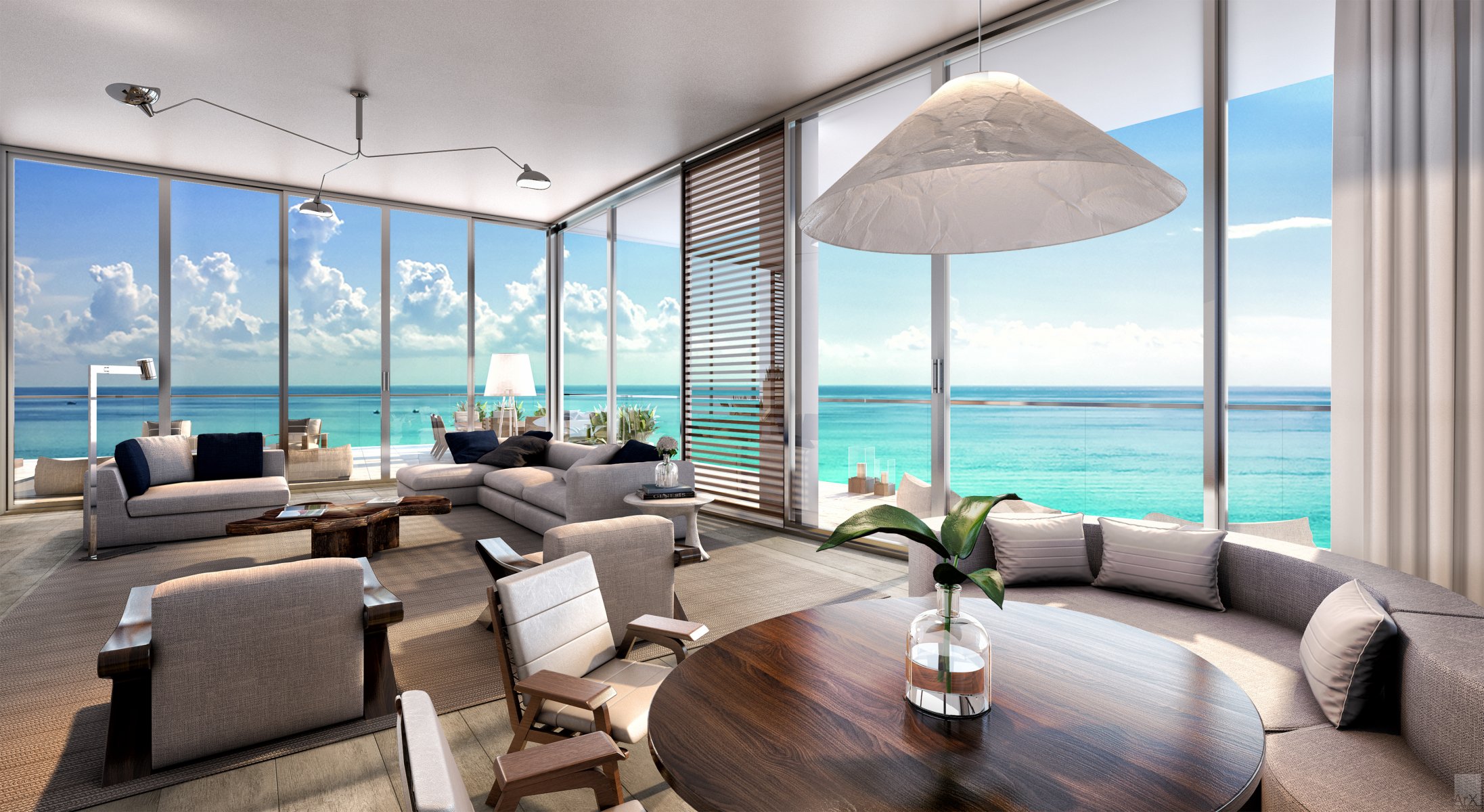 living room beach residences interior desigen room landscape window sofas armchairs table pillows.