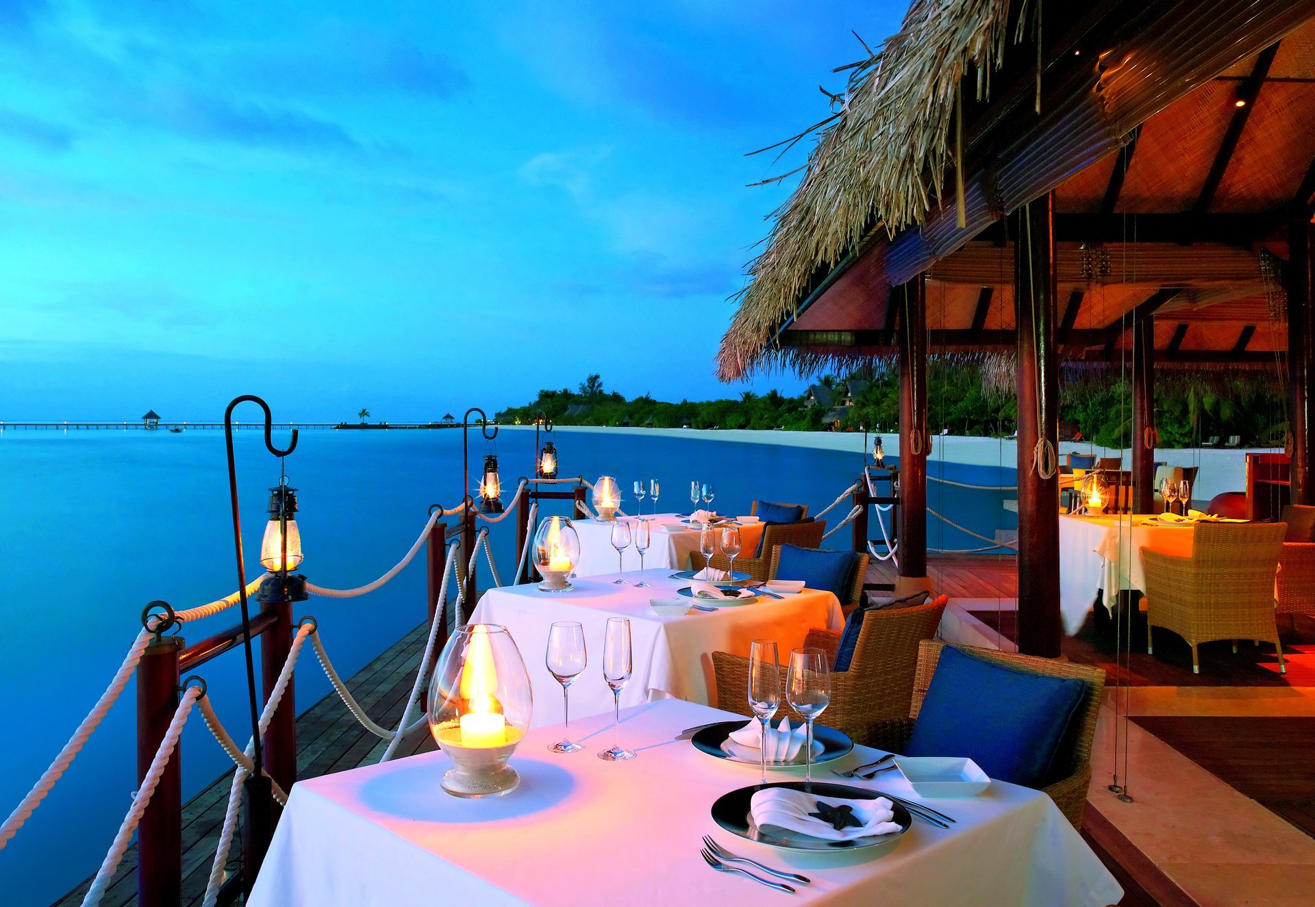 water palm trees lanterns candles interior luxury sea ocean sand nature maldives restaurant palm lamps vehicles