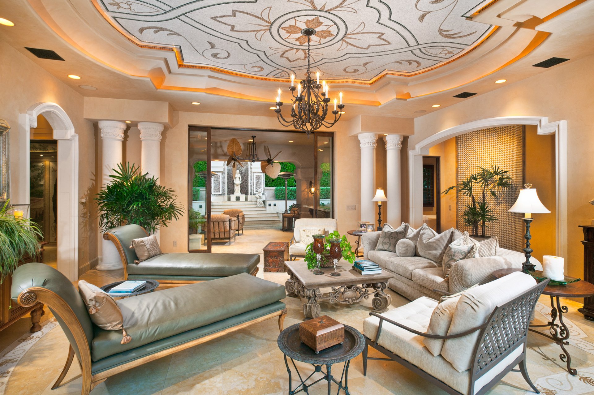 desigen room interior beds sofa chair column chandelier candles vazonki statue statuettes .